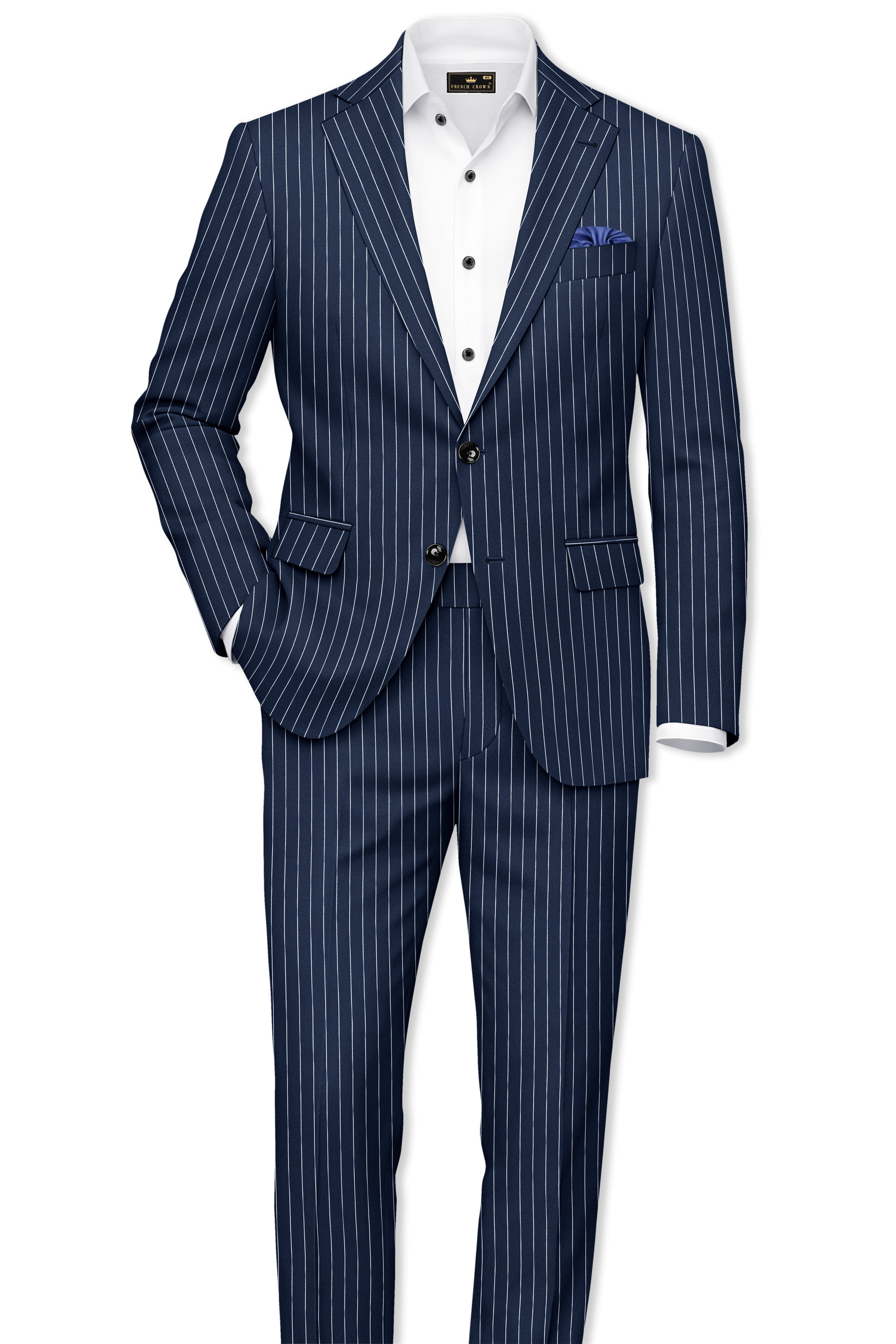 Astris-Space Blue Herringbone Striped Wool Rich Slight Stretch Waistband Pant