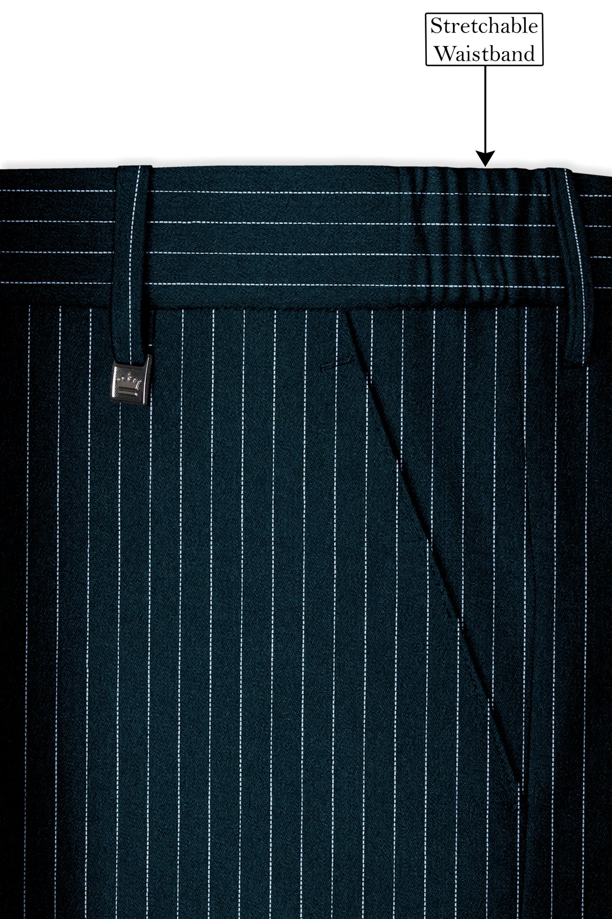 Zenith-Imperial Teal And Bright White Chalk Striped Wool Rich Wrinkle-Free Fluid Drape Fabric Stretchable Waistband Pant