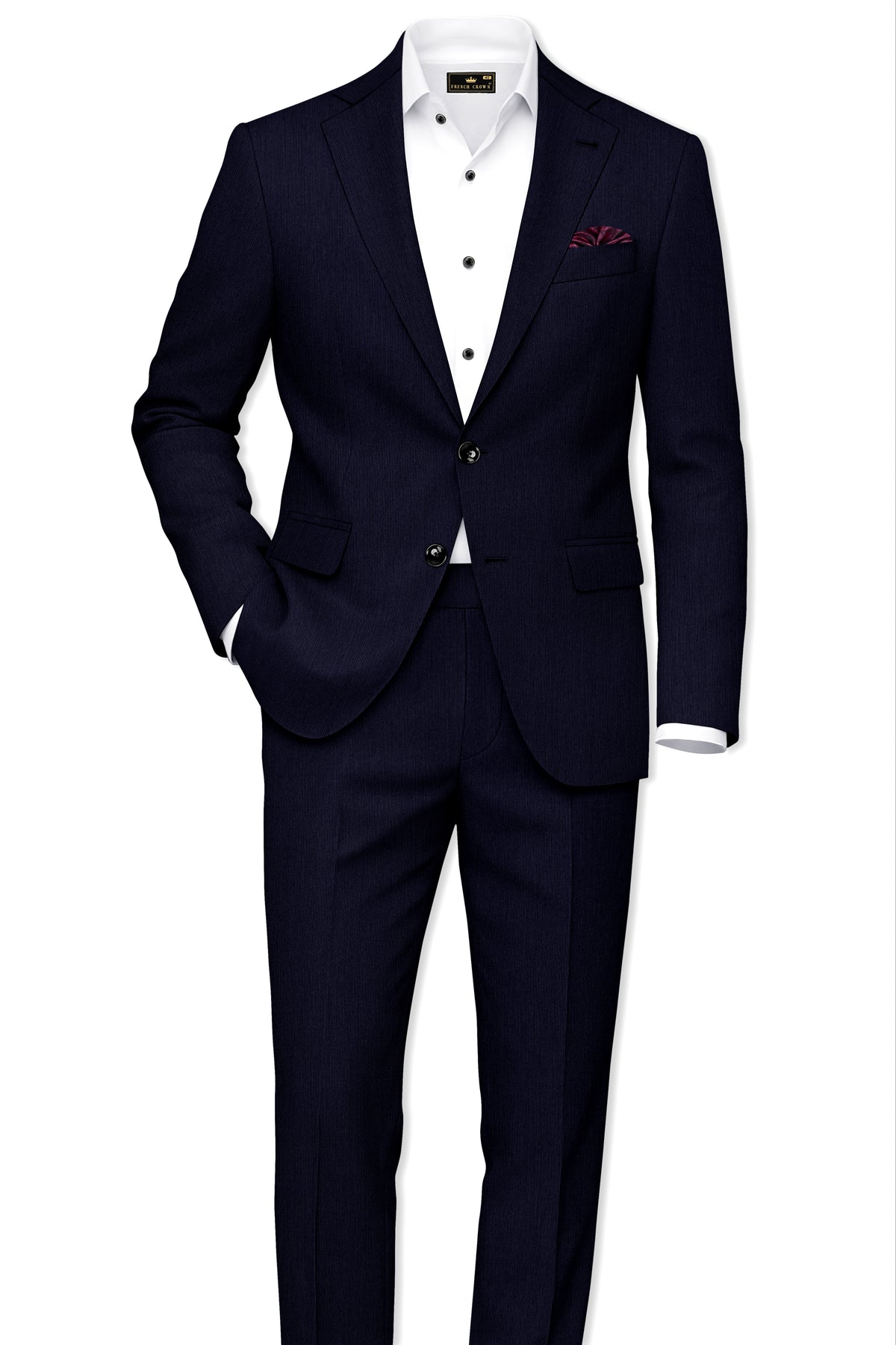 Valmont-Navy Blue Diamond Textured Wool Rich Slight Stretch Waistband Pant