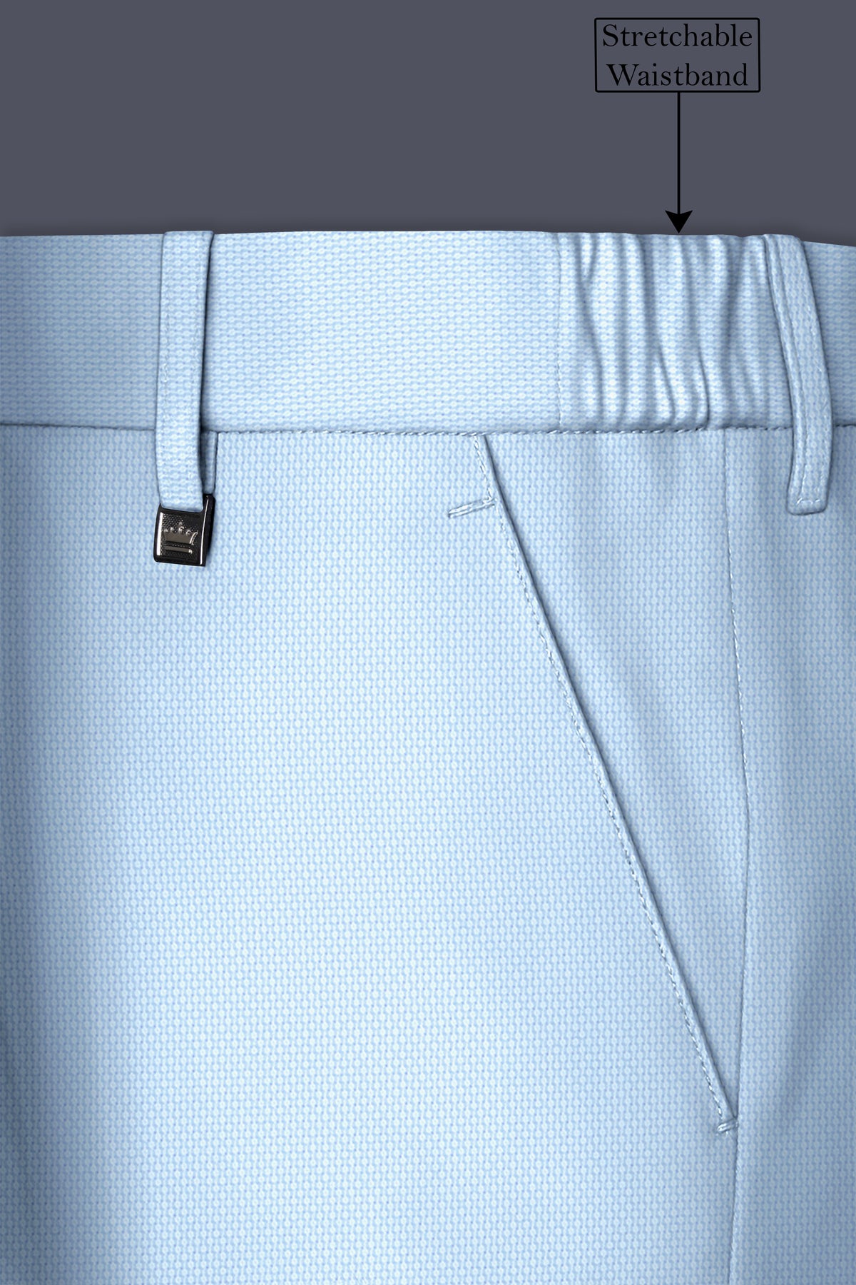 Azure-Hawkes Blue Diamond Textured Wool Rich Slight Stretch Waistband Pant