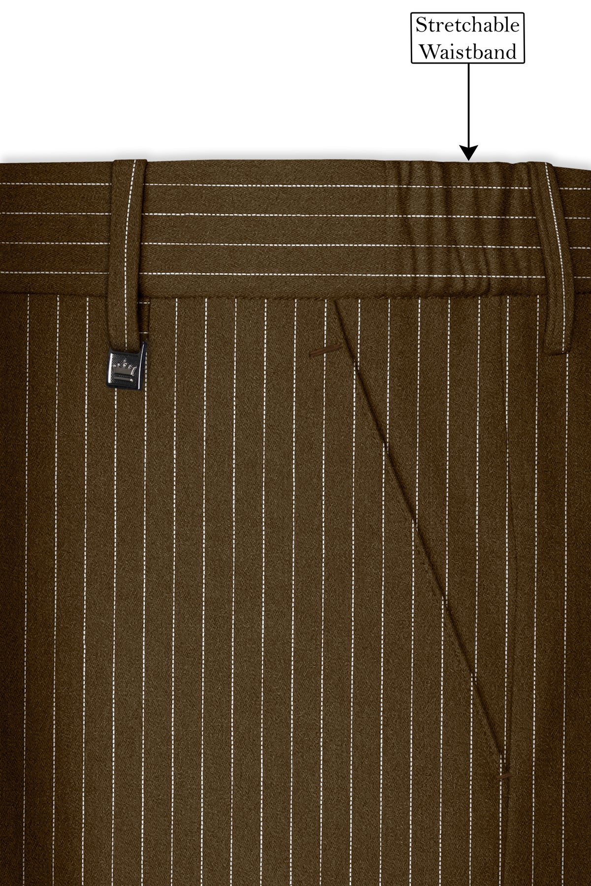 Sable-Antique Brown Chalk Striped Wool Rich Wrinkle-Free Fluid Drape Fabric Stretchable Waistband Pant