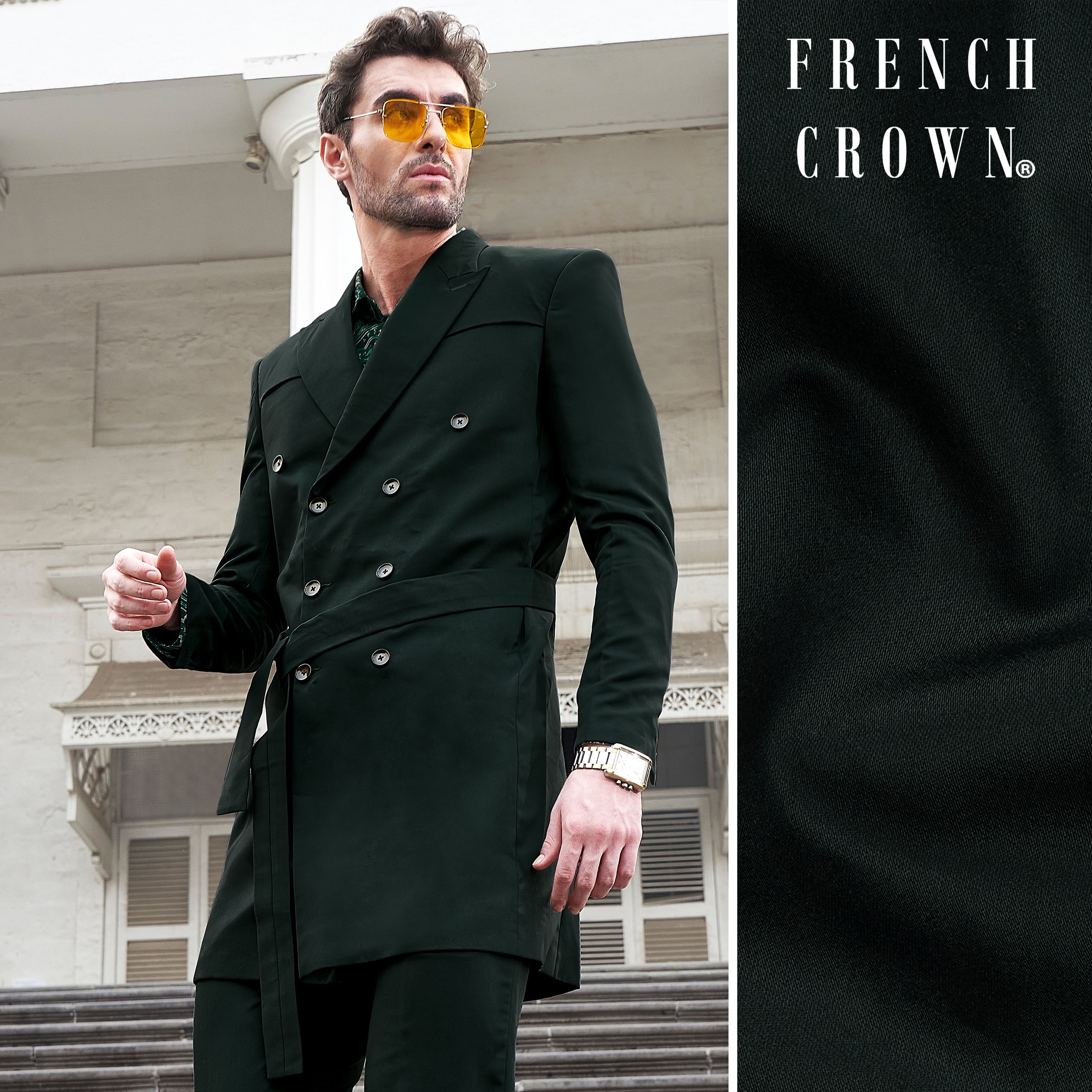 Juniper Green Subtle Sheen Double Breasted Trench Coat