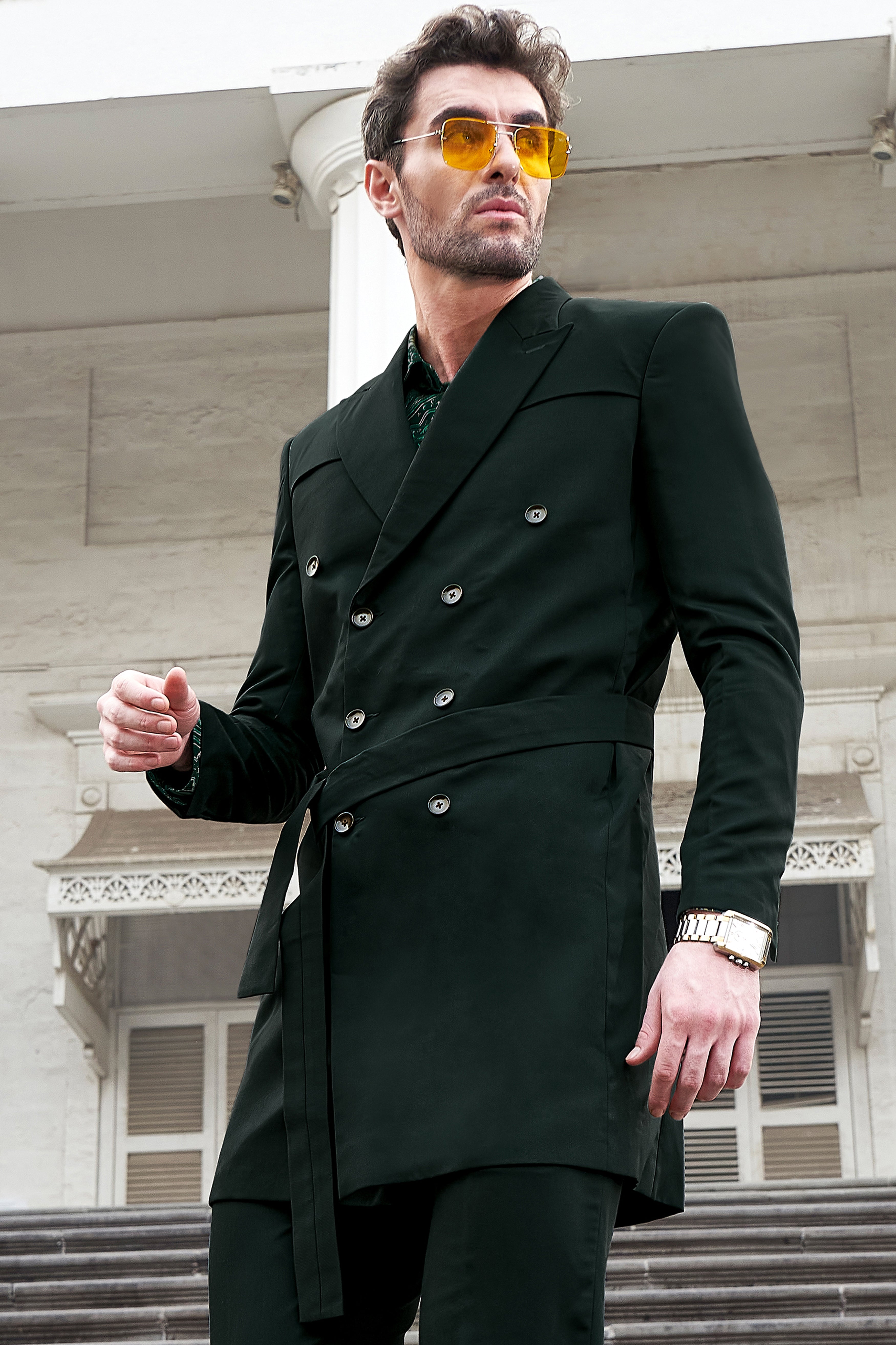 Juniper Green Subtle Sheen Double Breasted Trench Coat