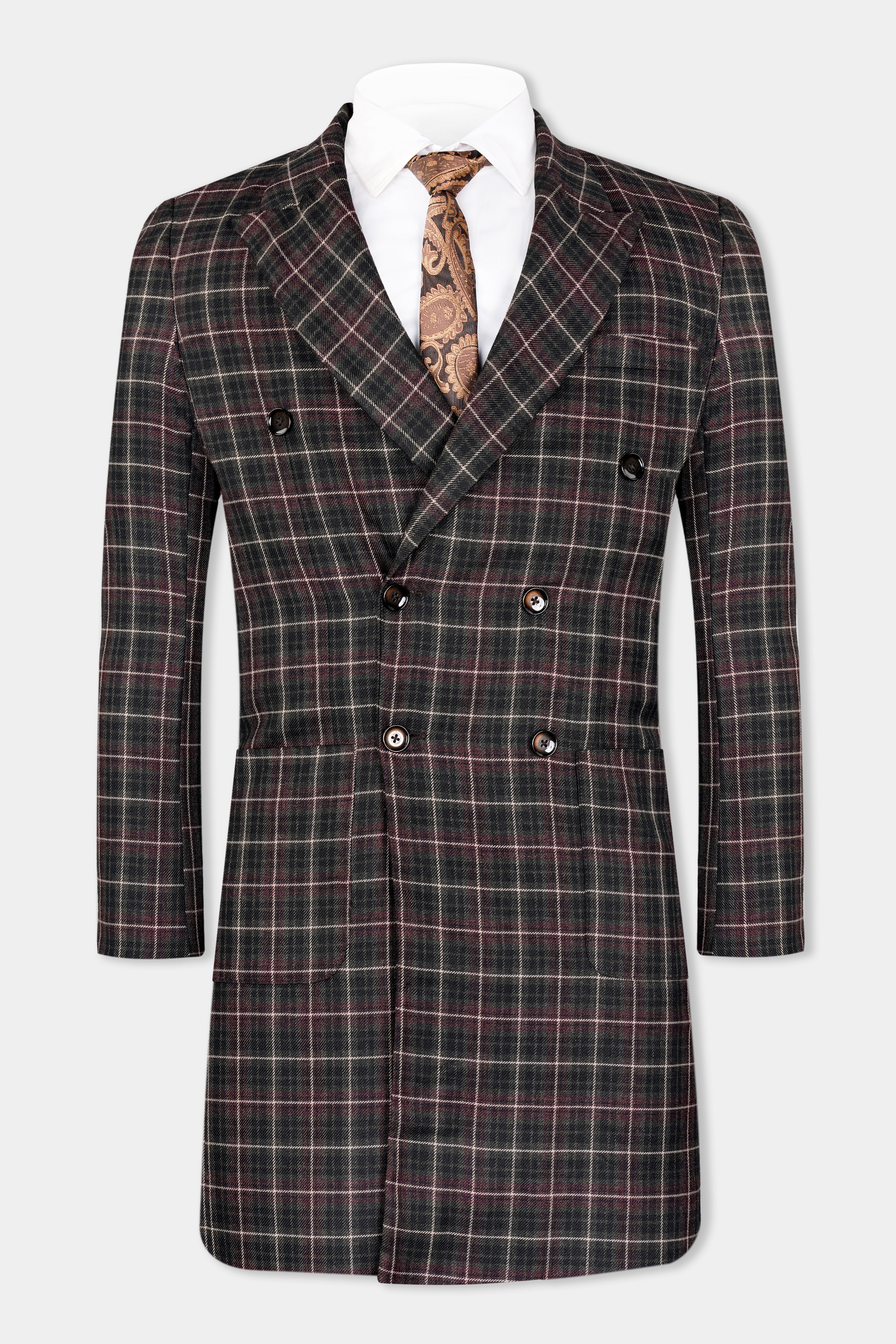 Fuscous Black and Rock Pink Plaid Tweed Double Breasted Trench Coat TCB2921-DB-36, TCB2921-DB-38, TCB2921-DB-40, TCB2921-DB-42, TCB2921-DB-44, TCB2921-DB-46, TCB2921-DB-48, TCB2921-DB-50, TCB2921-DB-52, TCB2921-DB-54, TCB2921-DB-56, TCB2921-DB-58, TCB2921-DB-60