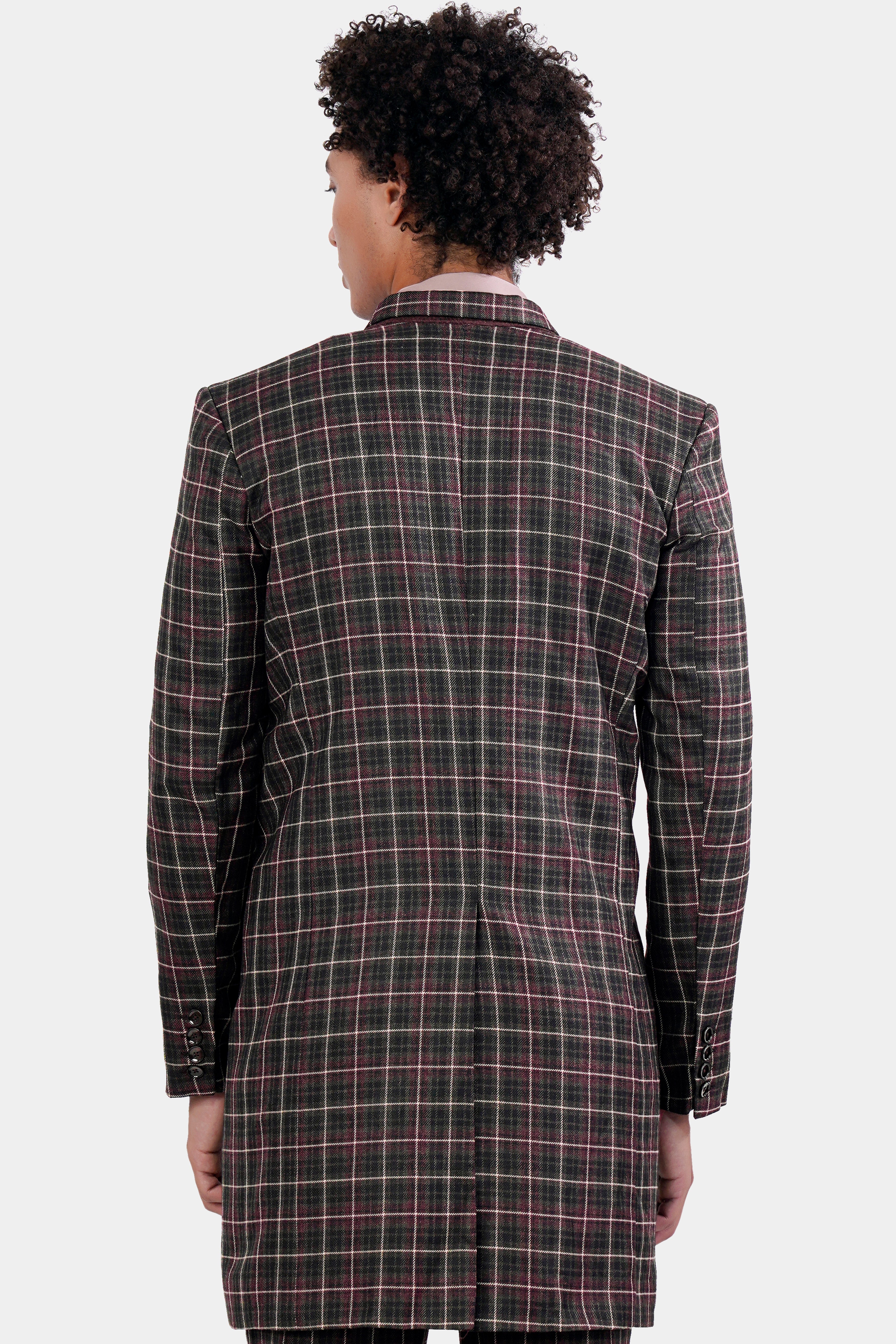 Fuscous Black and Rock Pink Plaid Tweed Double Breasted Trench Coat TCB2921-DB-36, TCB2921-DB-38, TCB2921-DB-40, TCB2921-DB-42, TCB2921-DB-44, TCB2921-DB-46, TCB2921-DB-48, TCB2921-DB-50, TCB2921-DB-52, TCB2921-DB-54, TCB2921-DB-56, TCB2921-DB-58, TCB2921-DB-60