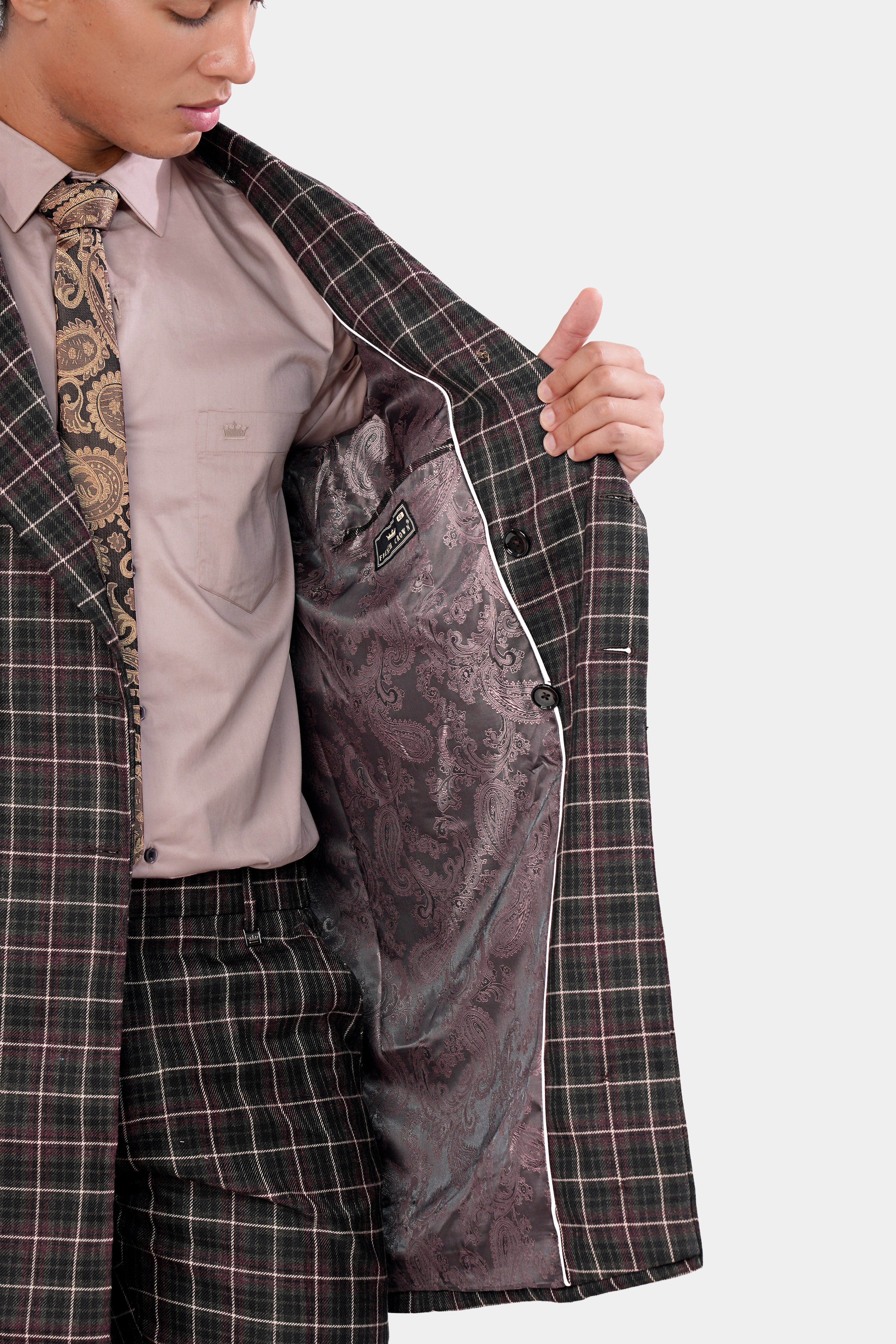 Fuscous Black and Rock Pink Plaid Tweed Double Breasted Trench Coat TCB2921-DB-36, TCB2921-DB-38, TCB2921-DB-40, TCB2921-DB-42, TCB2921-DB-44, TCB2921-DB-46, TCB2921-DB-48, TCB2921-DB-50, TCB2921-DB-52, TCB2921-DB-54, TCB2921-DB-56, TCB2921-DB-58, TCB2921-DB-60