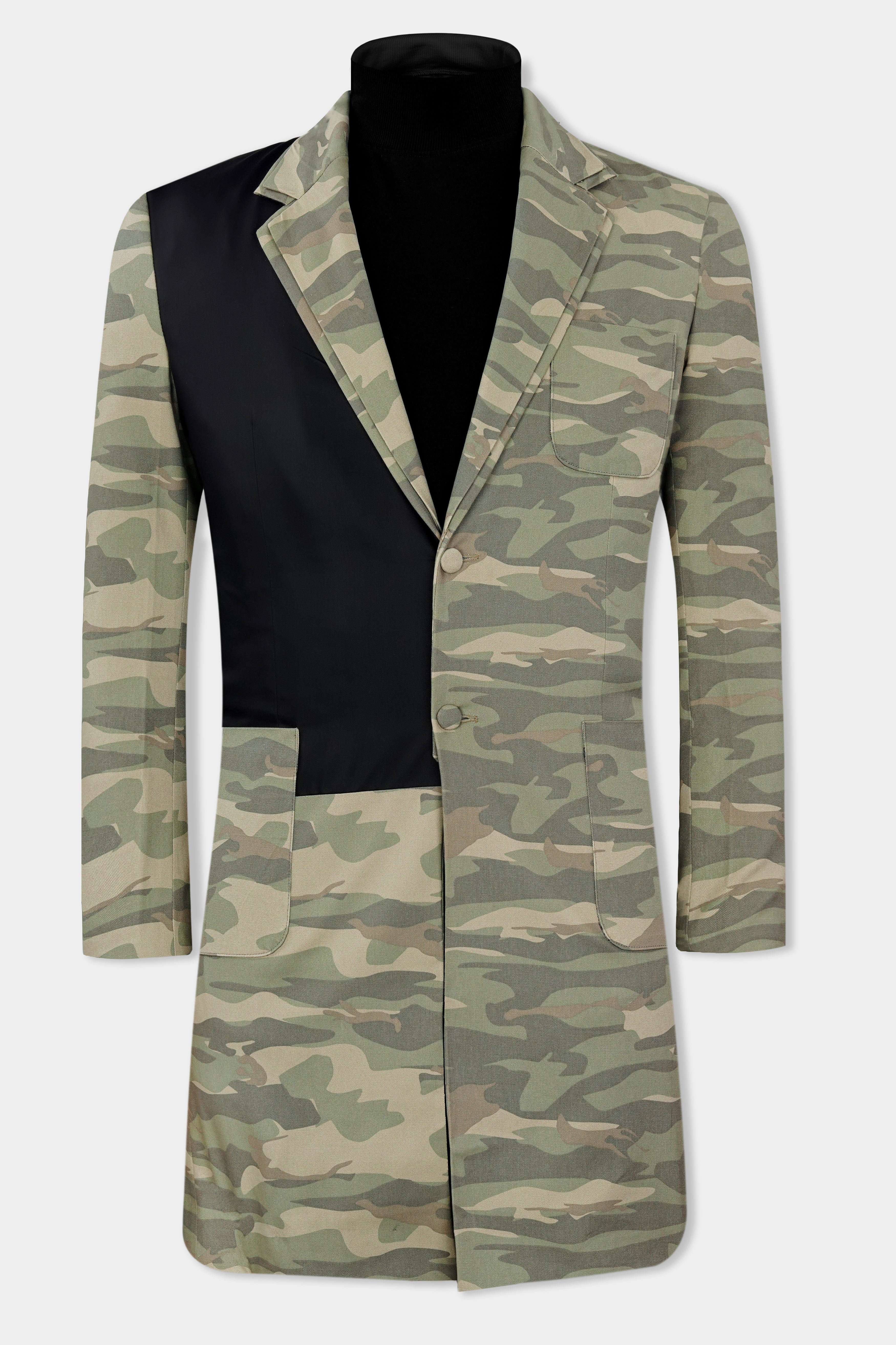 Sage Green with Sandrift Brown Camouflage and Black Premium Cotton Designer Trench Coat