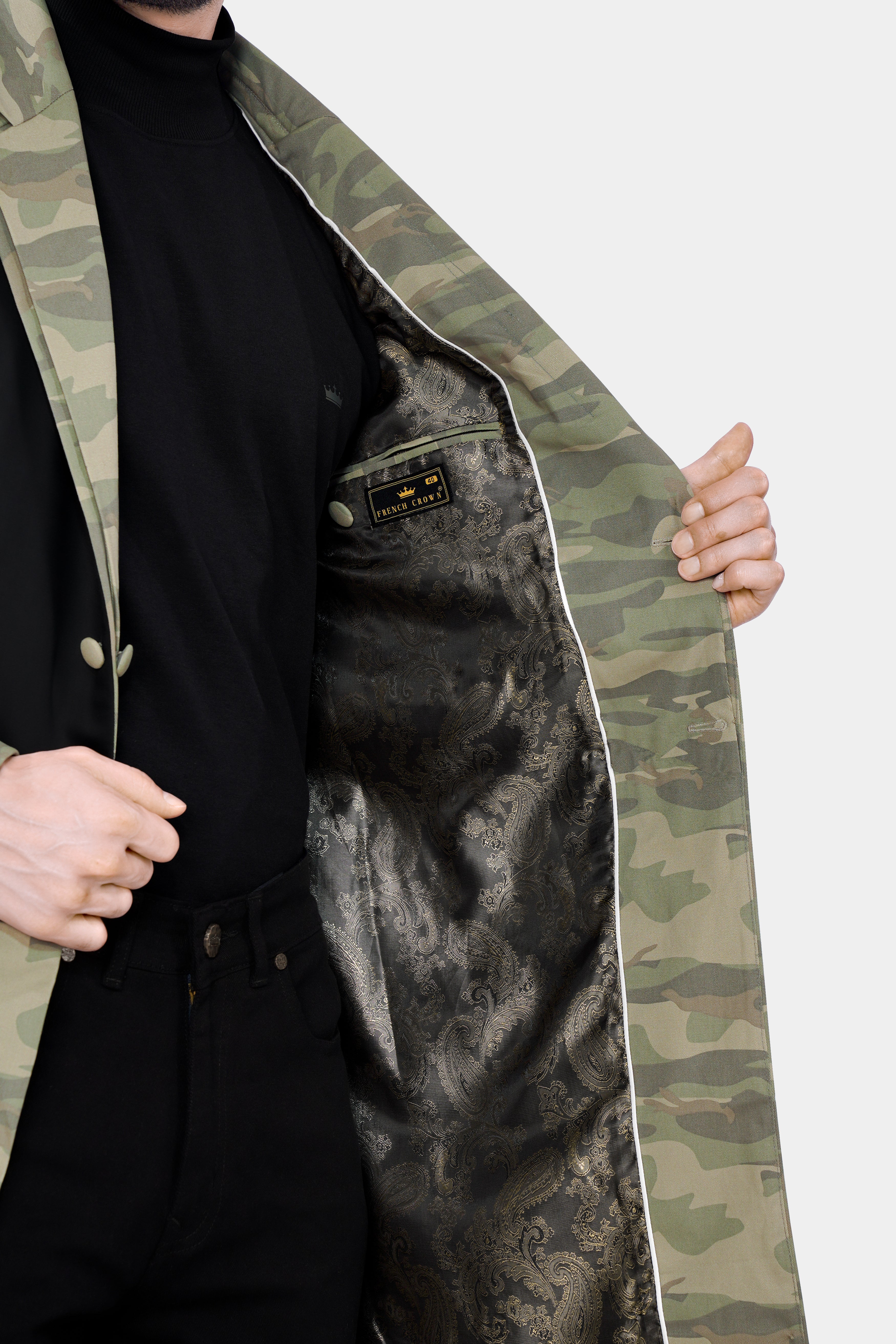 Sage Green with Sandrift Brown Camouflage and Black Premium Cotton Designer Trench Coat