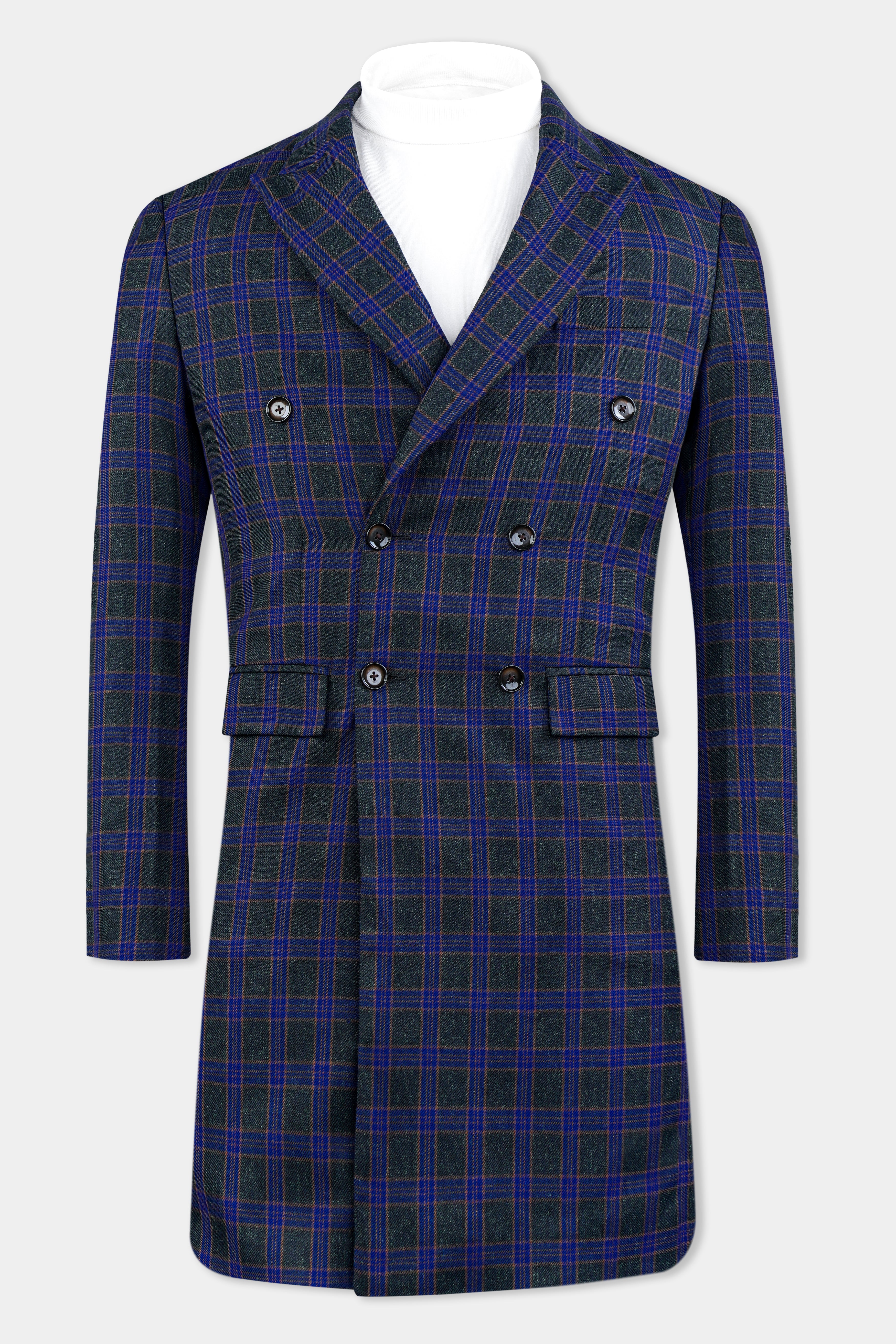 Blue and Piano Black Plaid Tweed Double Breasted Trench Coat