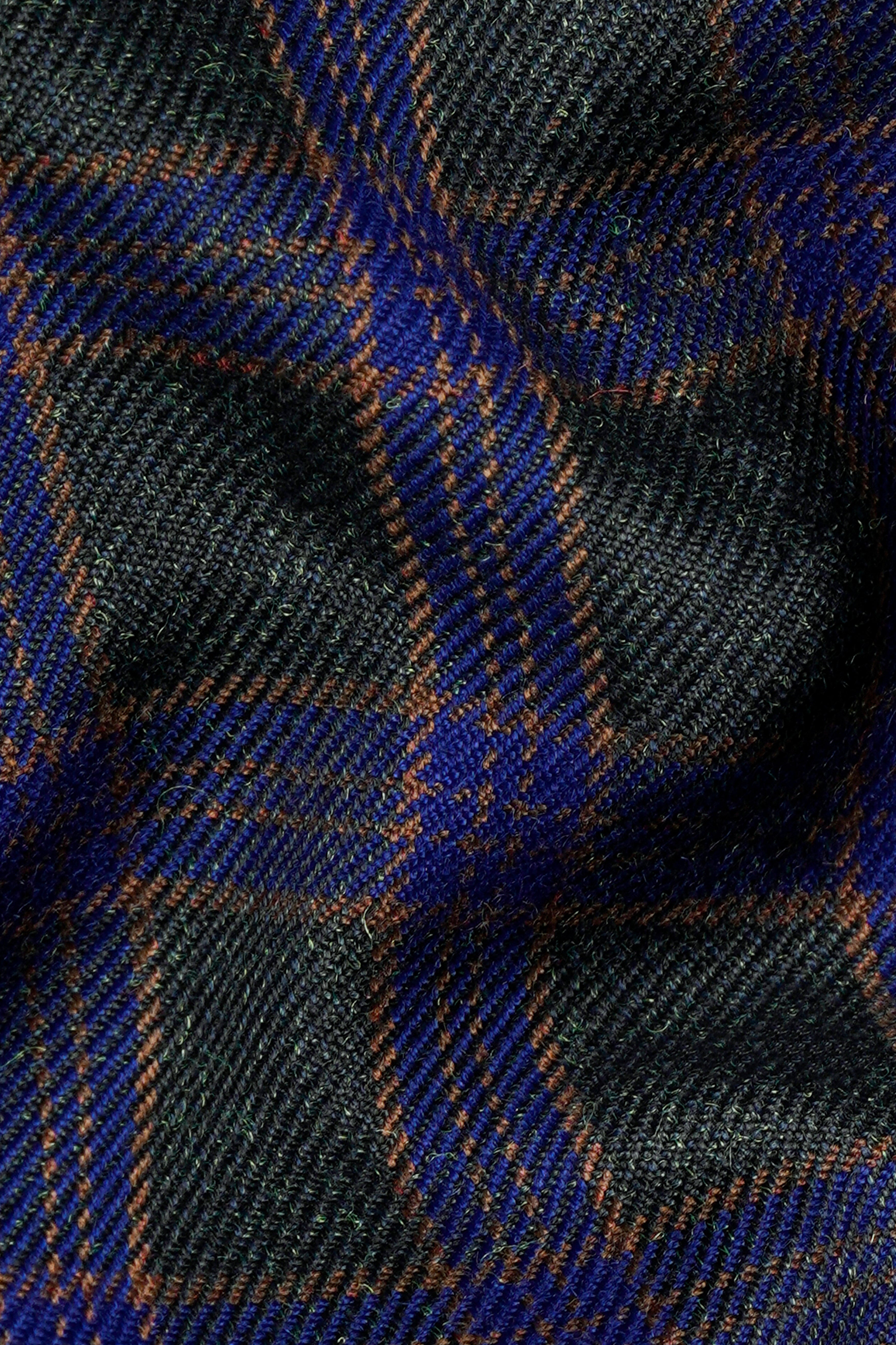 Blue and Piano Black Plaid Tweed Double Breasted Trench Coat