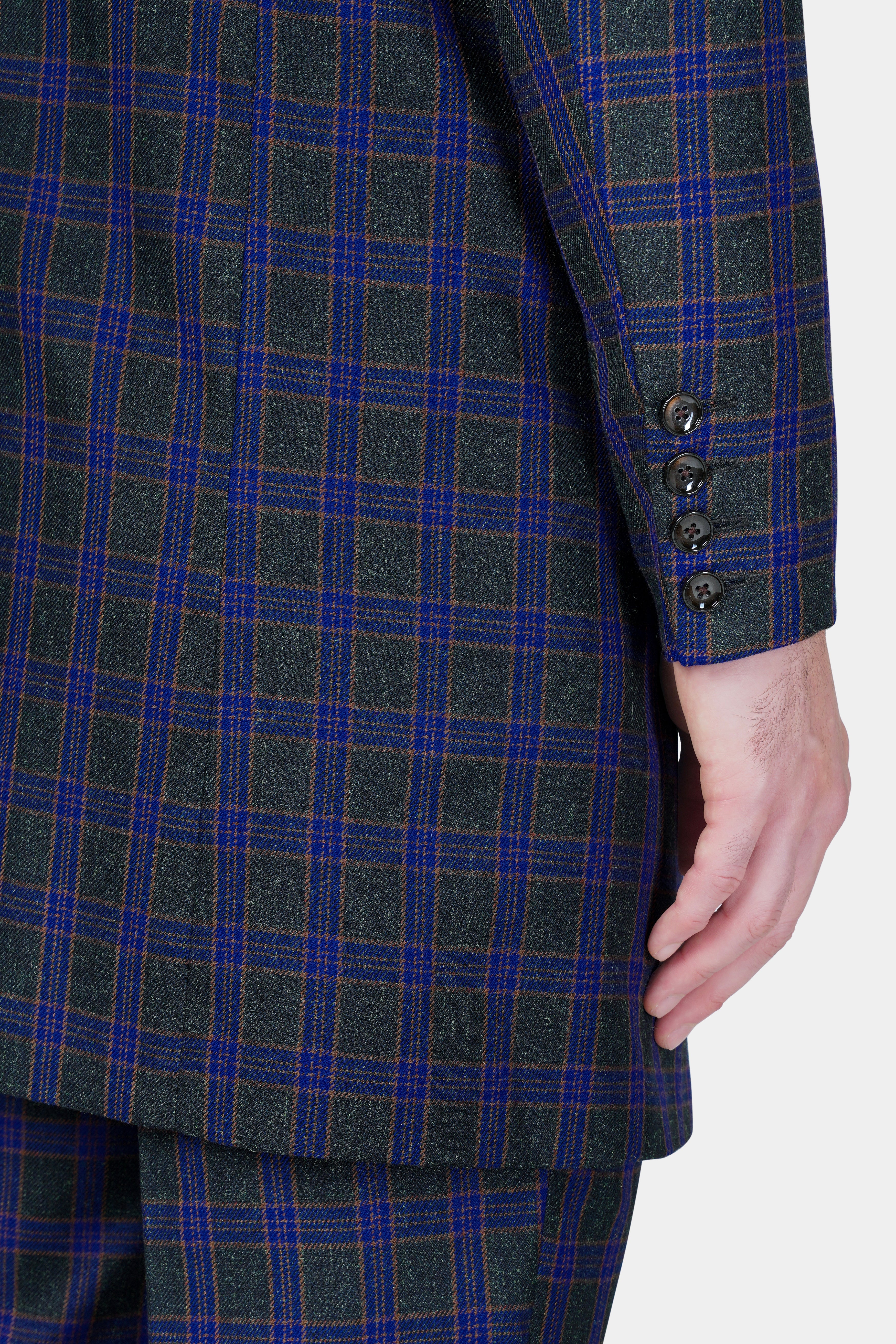 Blue and Piano Black Plaid Tweed Double Breasted Trench Coat