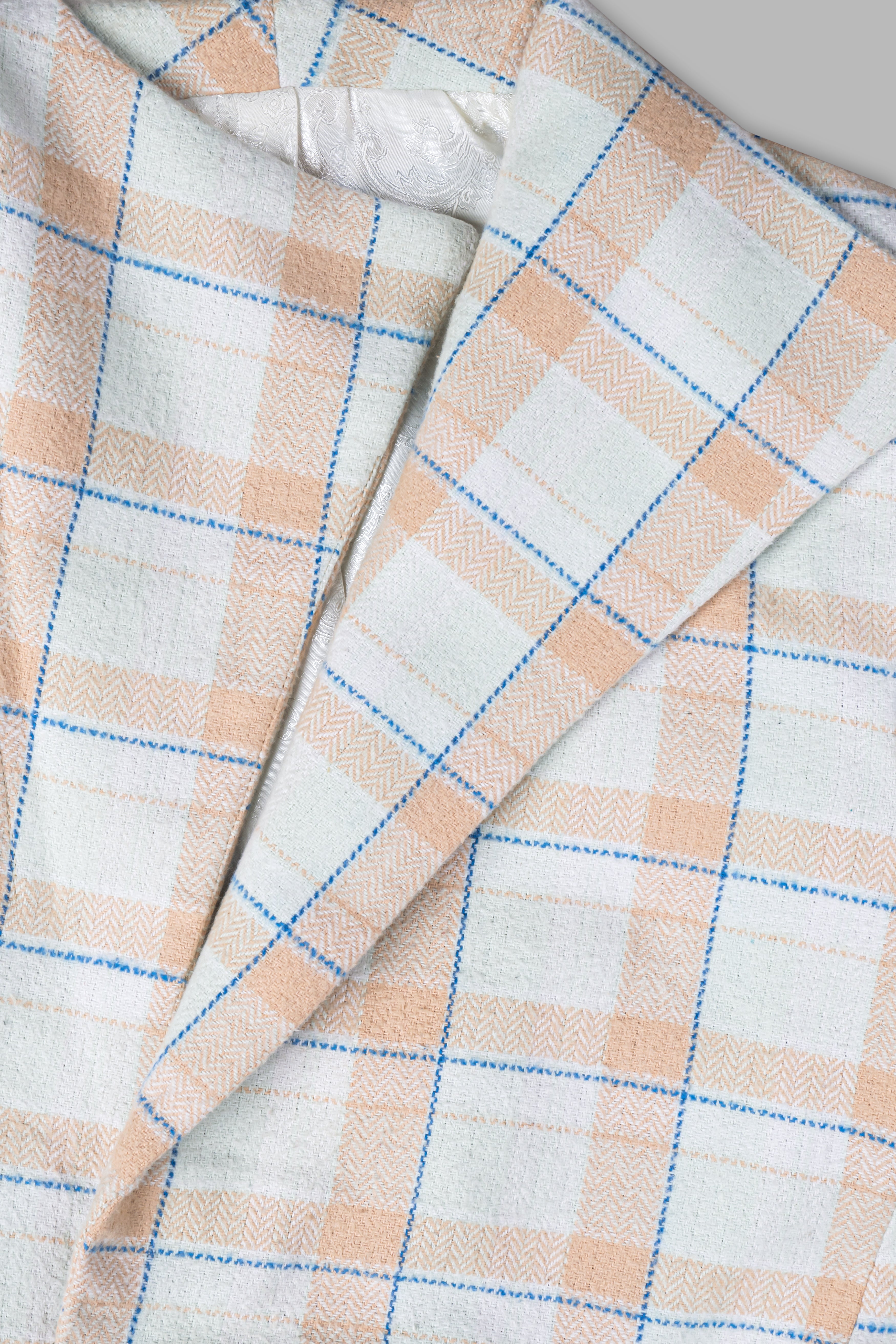 Bright White and Cashmere Peach Plaid Cotton Designer Trench Coat