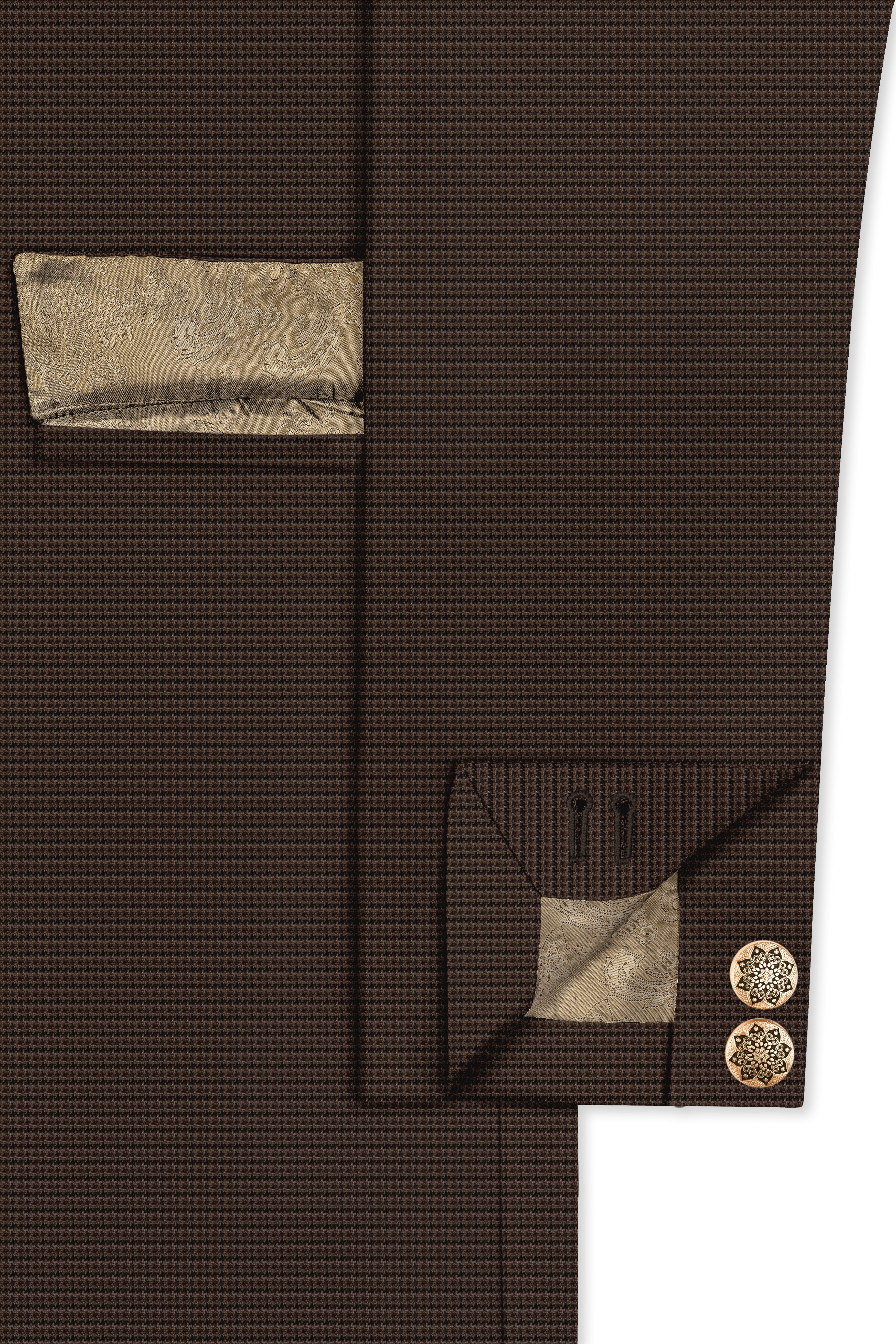 Brunwick-Cocoa Brown houndstooth Textured Wool Rich Single Breasted Trench Coat