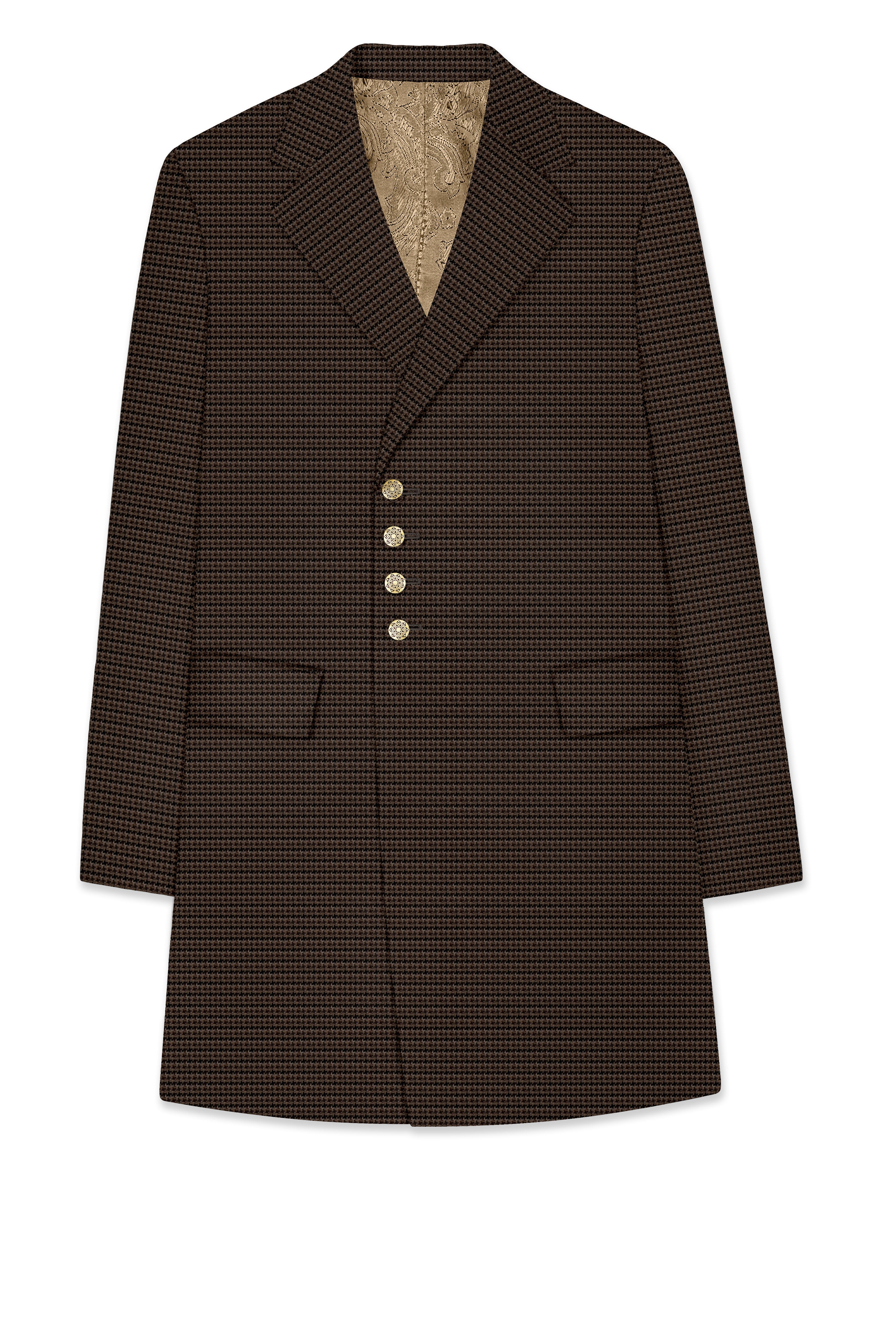 Brunwick-Cocoa Brown houndstooth Textured Wool Rich Single Breasted Trench Coat