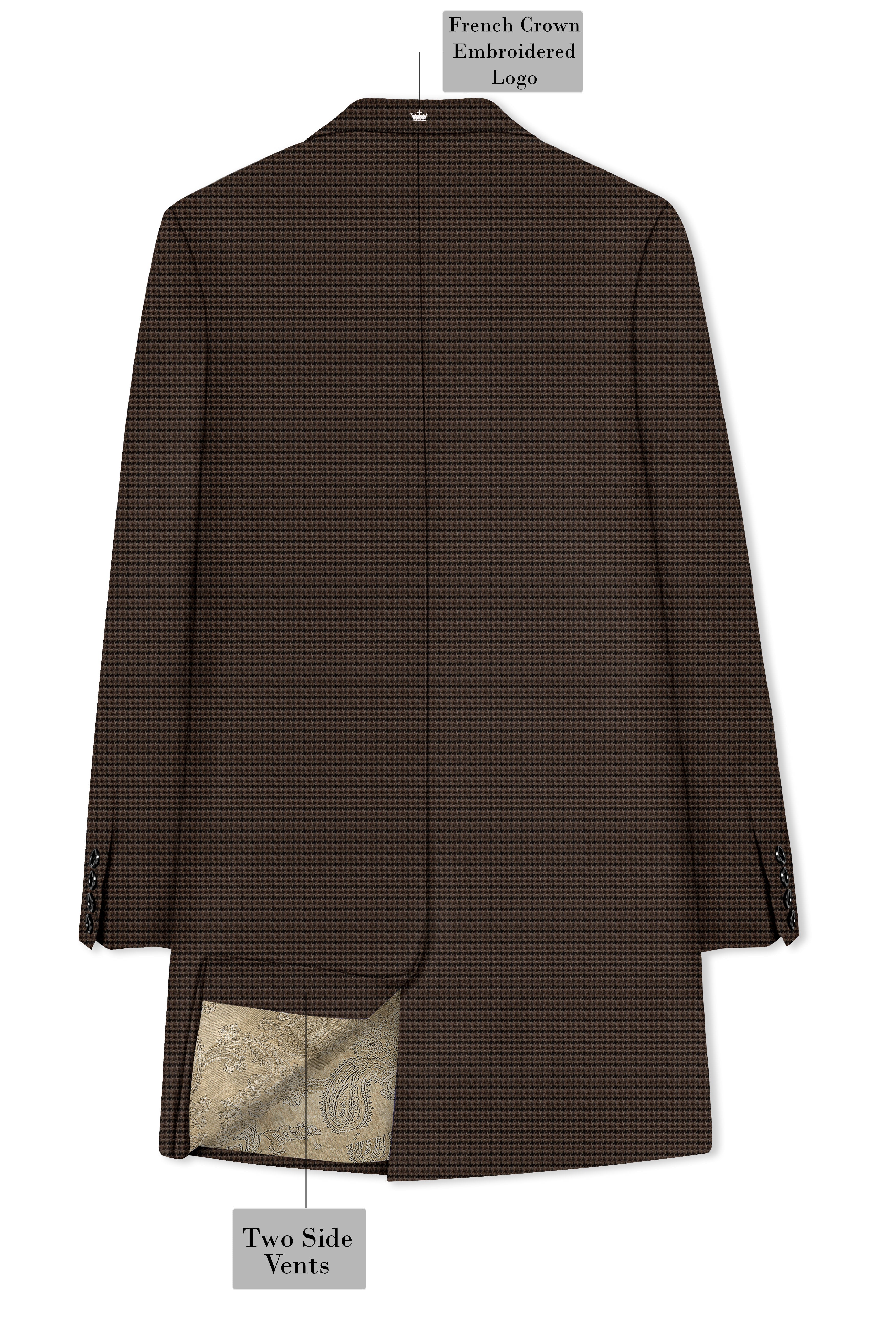Brunwick-Cocoa Brown houndstooth Textured Wool Rich Single Breasted Trench Coat