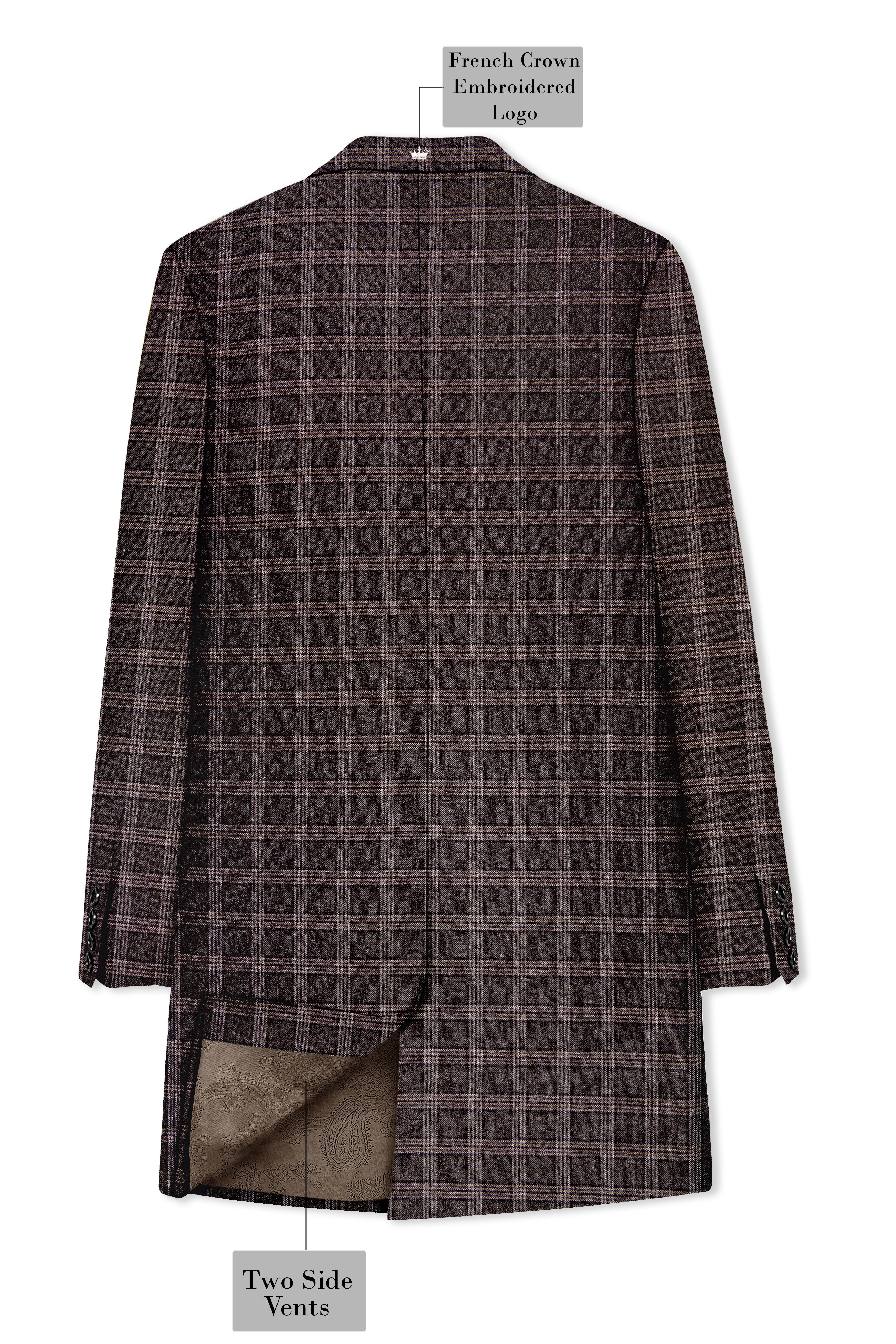 Eclenzo-Eclipse Brown Plaid Tweed Single Breasted Trench Coat