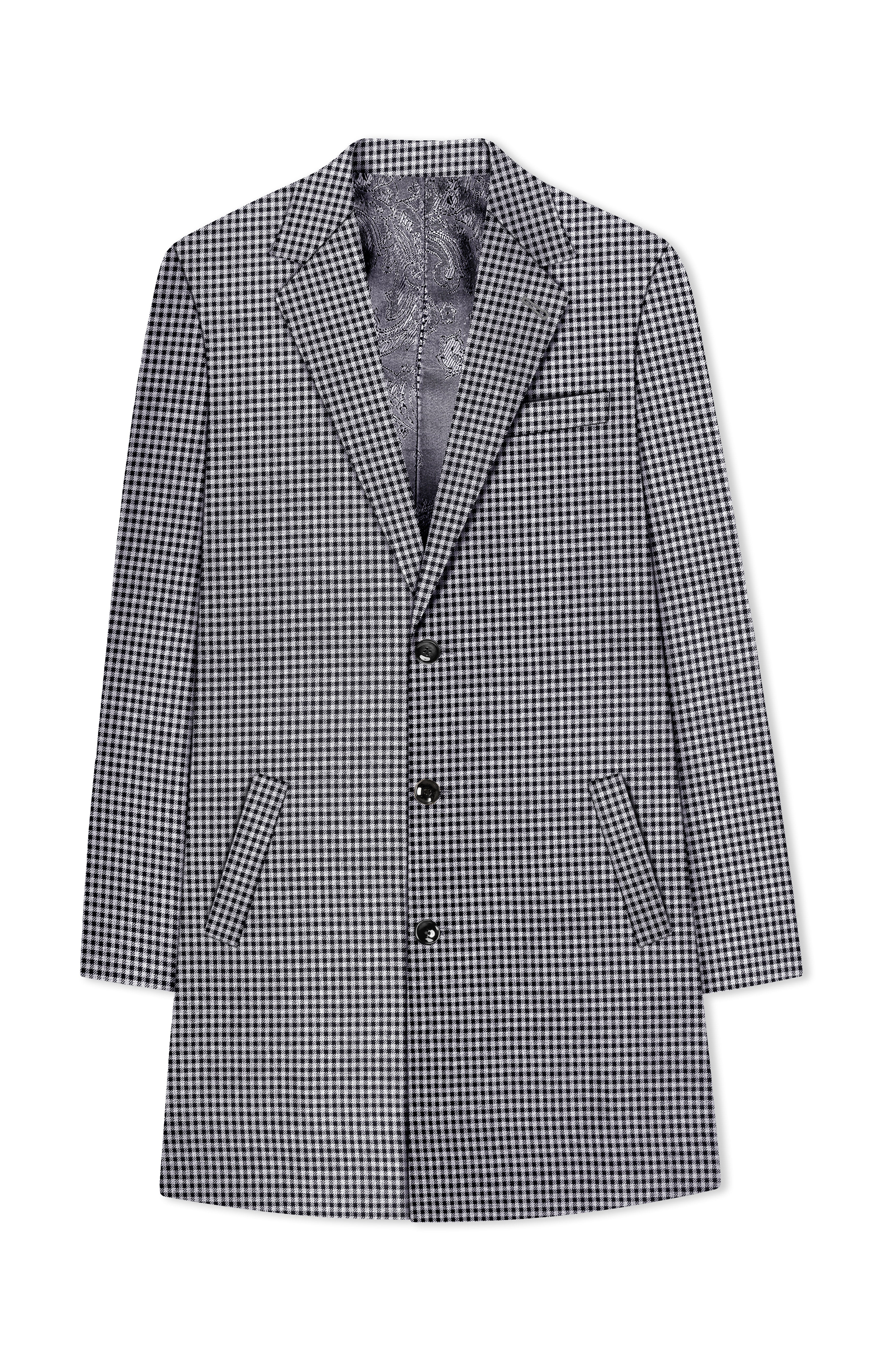 Graphite-Metallic Gray And Tuatara Gingham Plaid Tweed Single Breasted Trench Coat