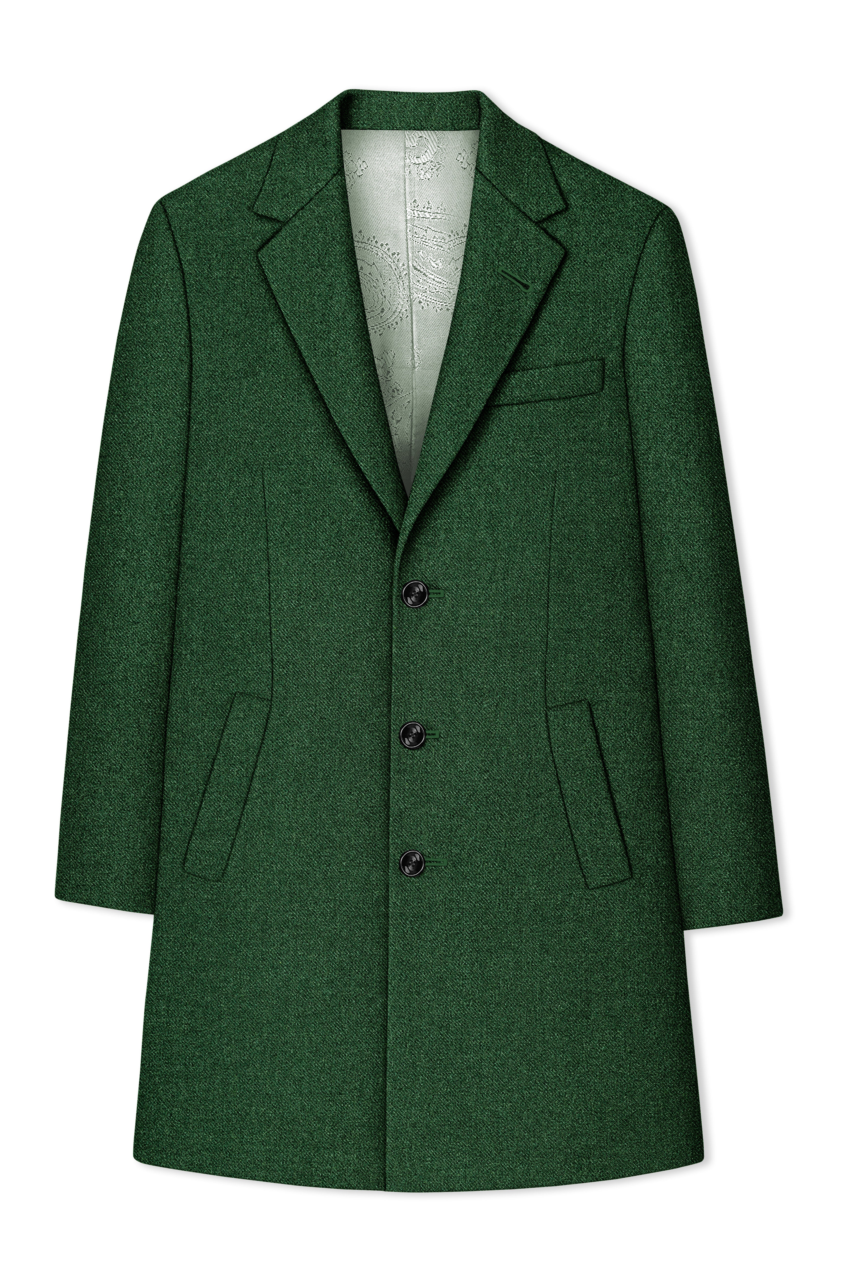 Virenza-Mystle Green Textured Tweed Single Breasted Overcoat