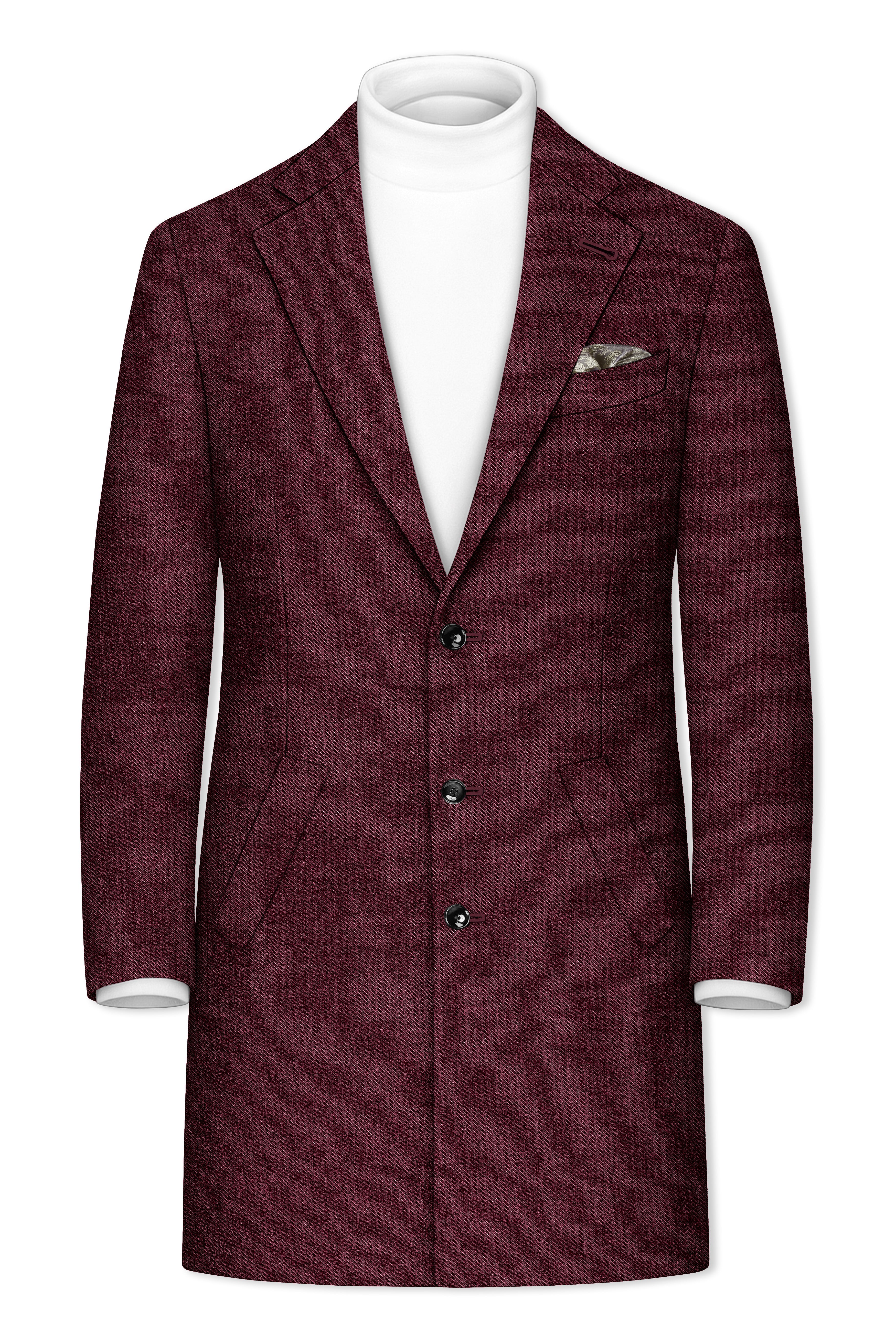 Burgvoro-Crated Maroon Textured Tweed Single Breasted Overcoat
