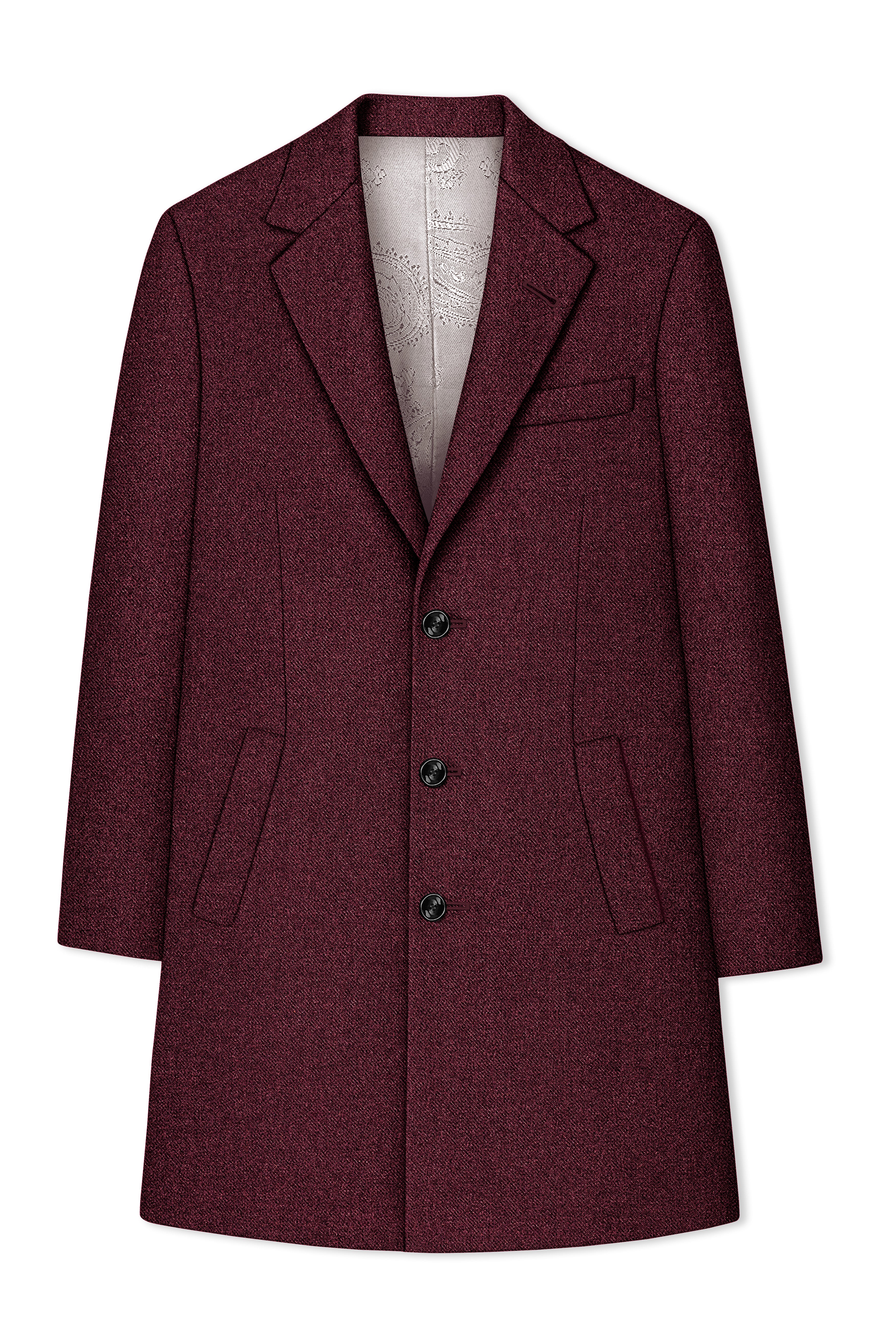 Burgvoro-Crated Maroon Textured Tweed Single Breasted Overcoat