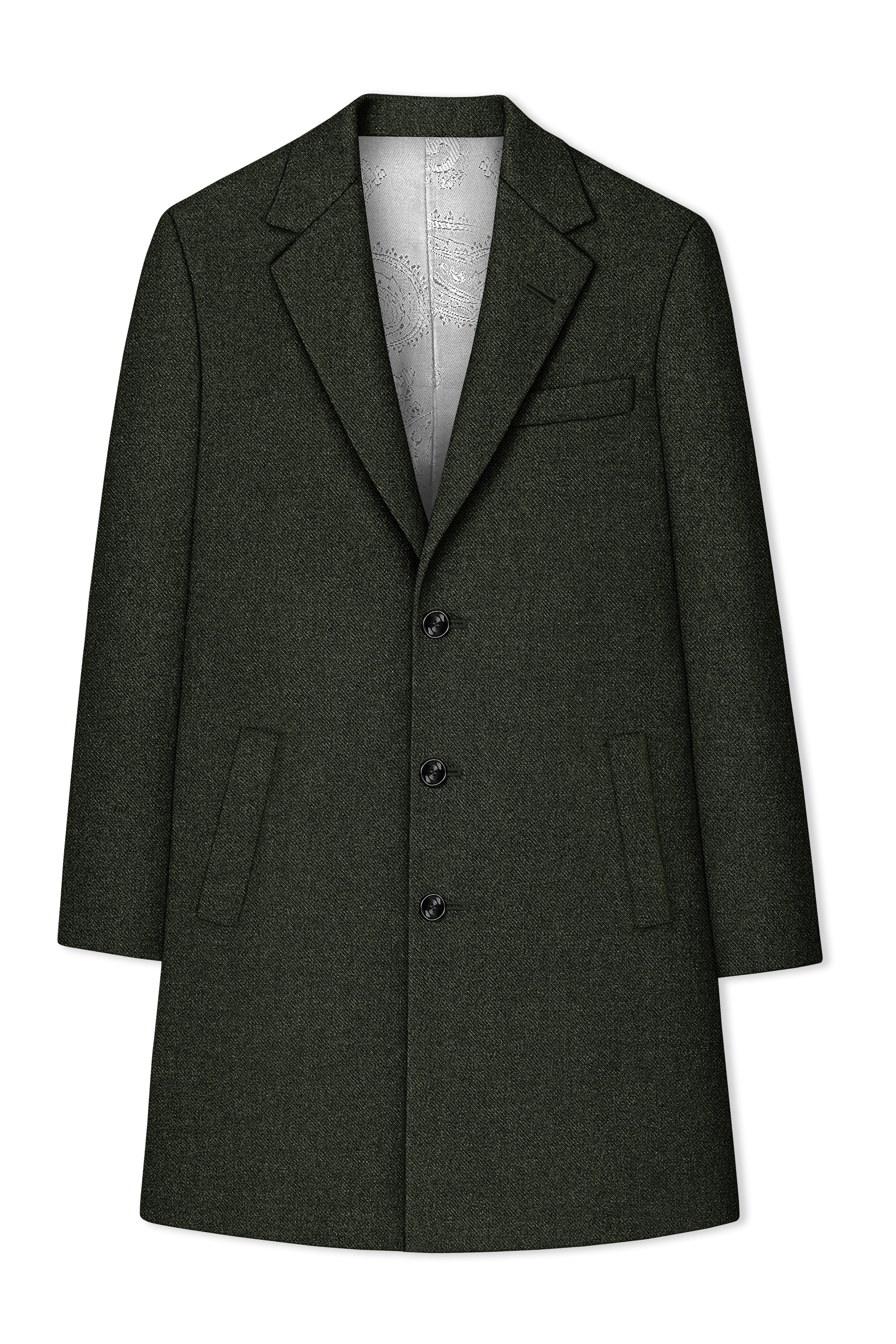 Virenza-Rangoon Green Textured Tweed Single Breasted Overcoat