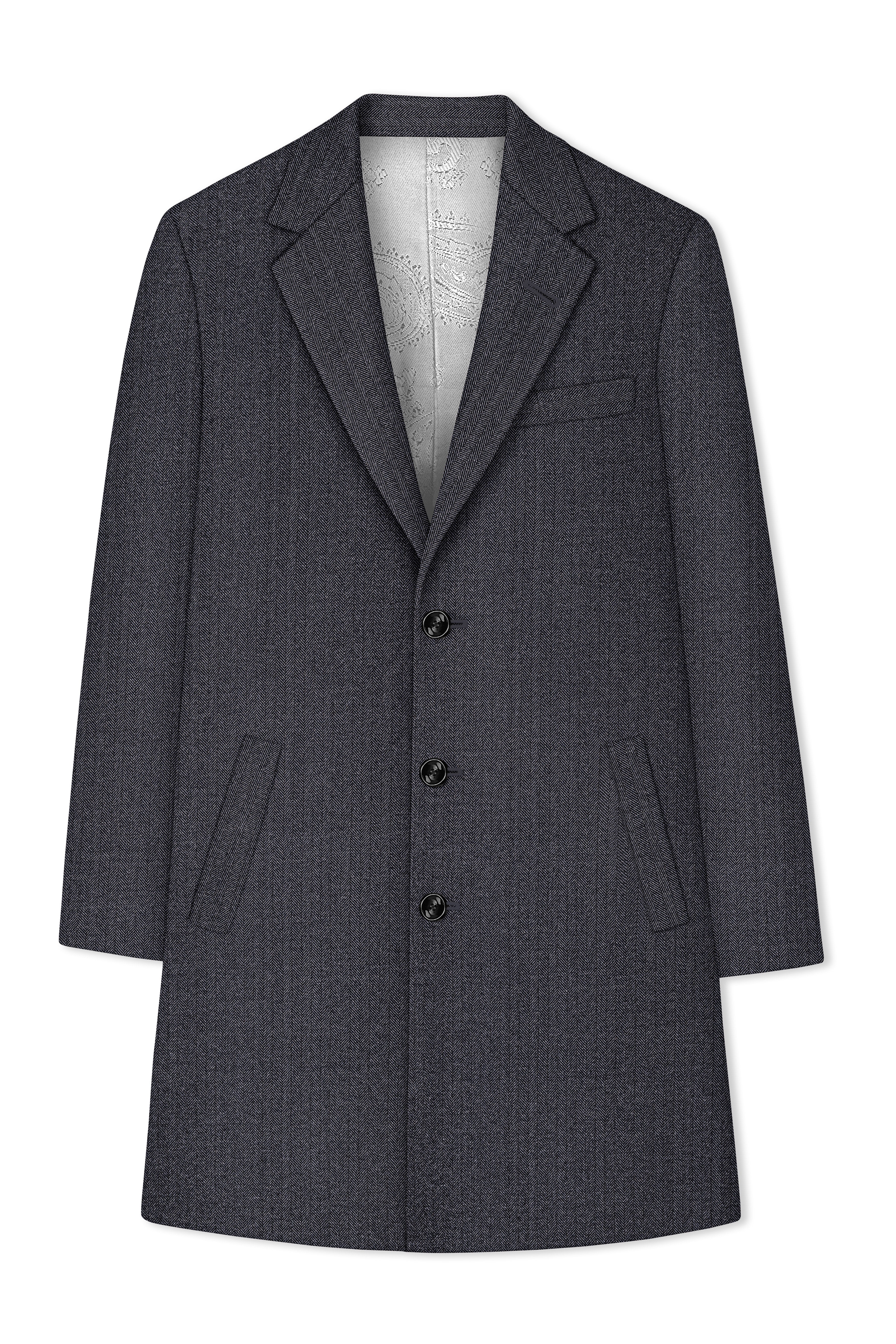 Silvoro-Iridium Gray Herringbone Textured Tweed Single Breasted Overcoat