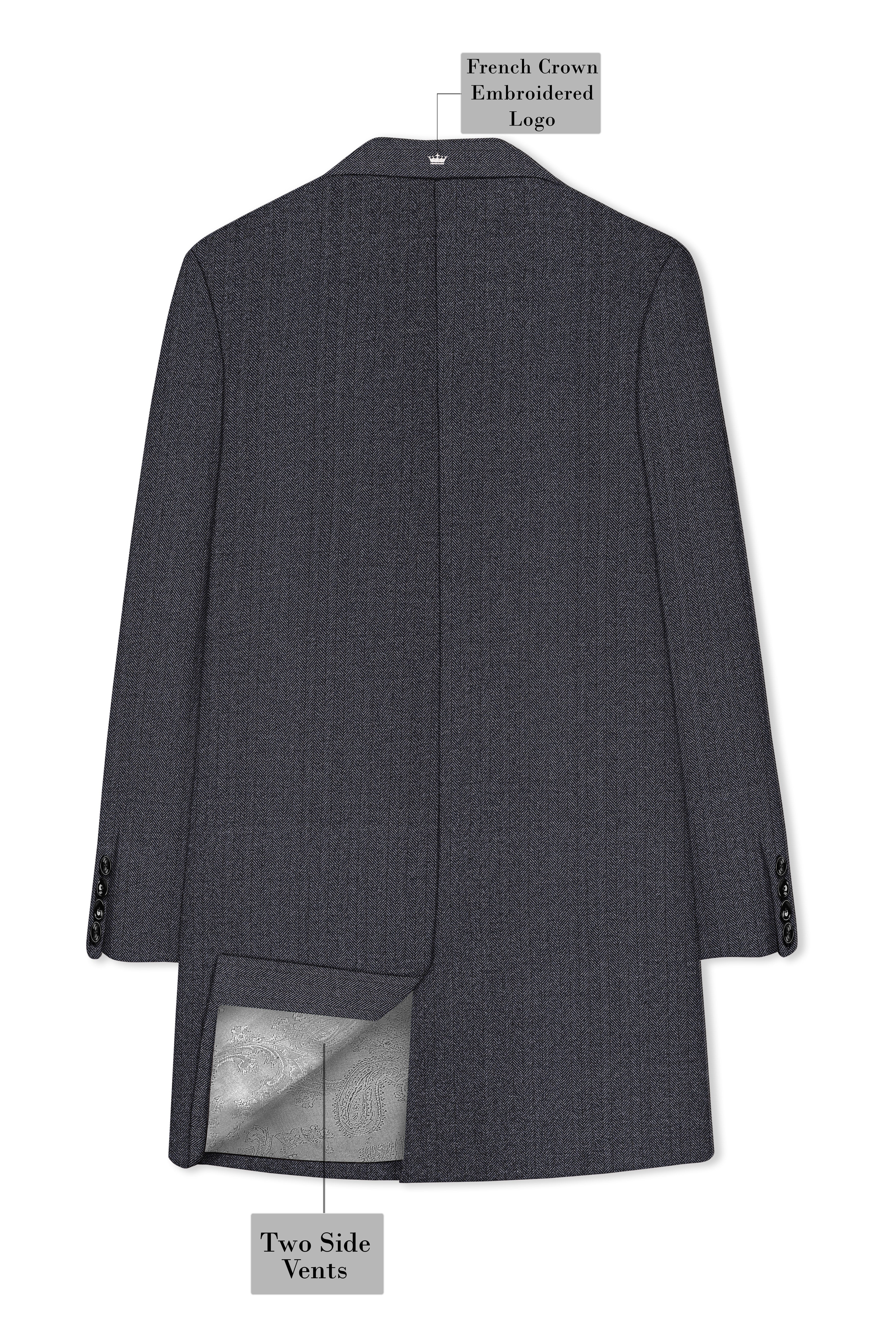 Silvoro-Iridium Gray Herringbone Textured Tweed Single Breasted Overcoat