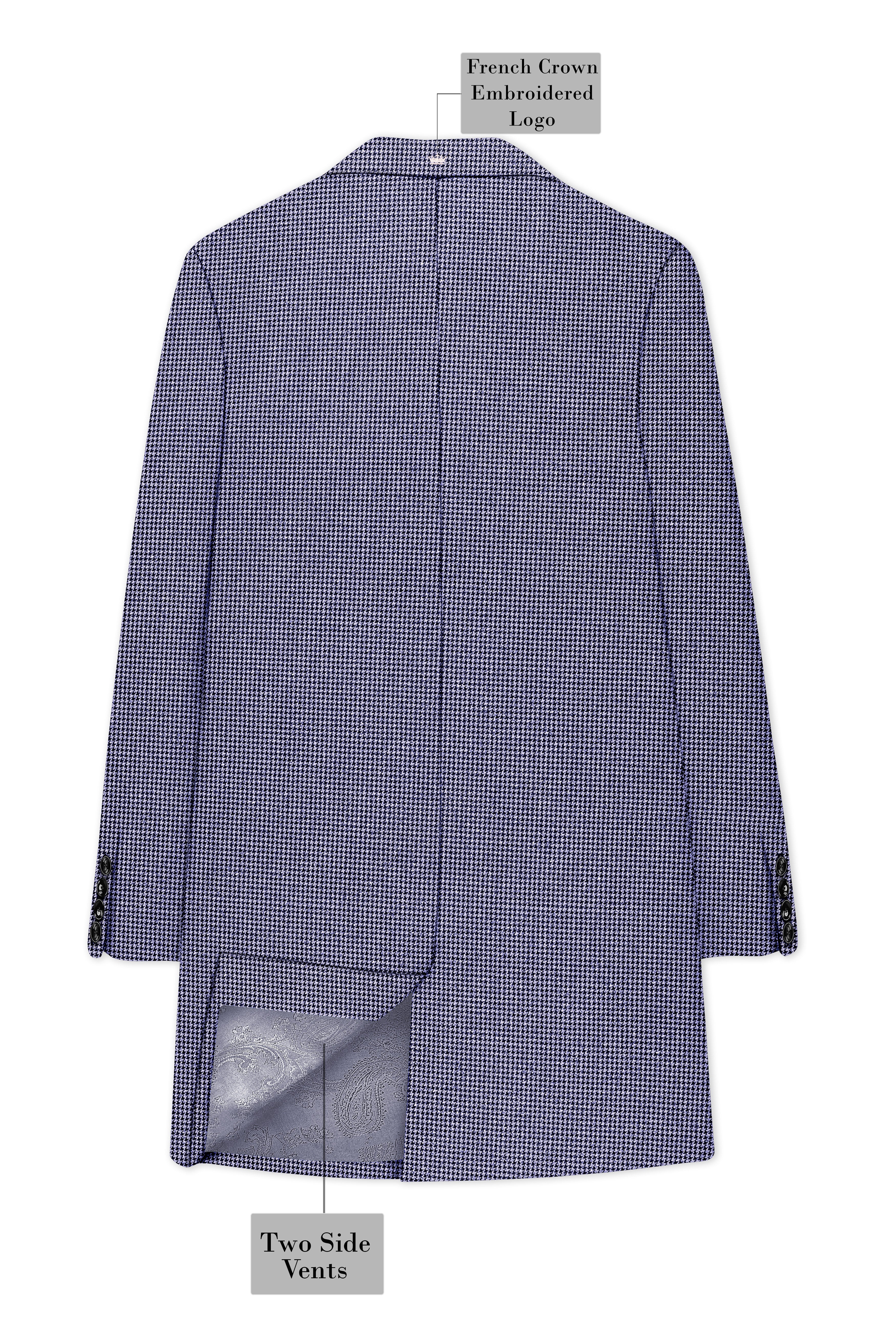 Dusk-Mulled Blue Classic Houndstooth Textured Tweed Single Breasted Overcoat