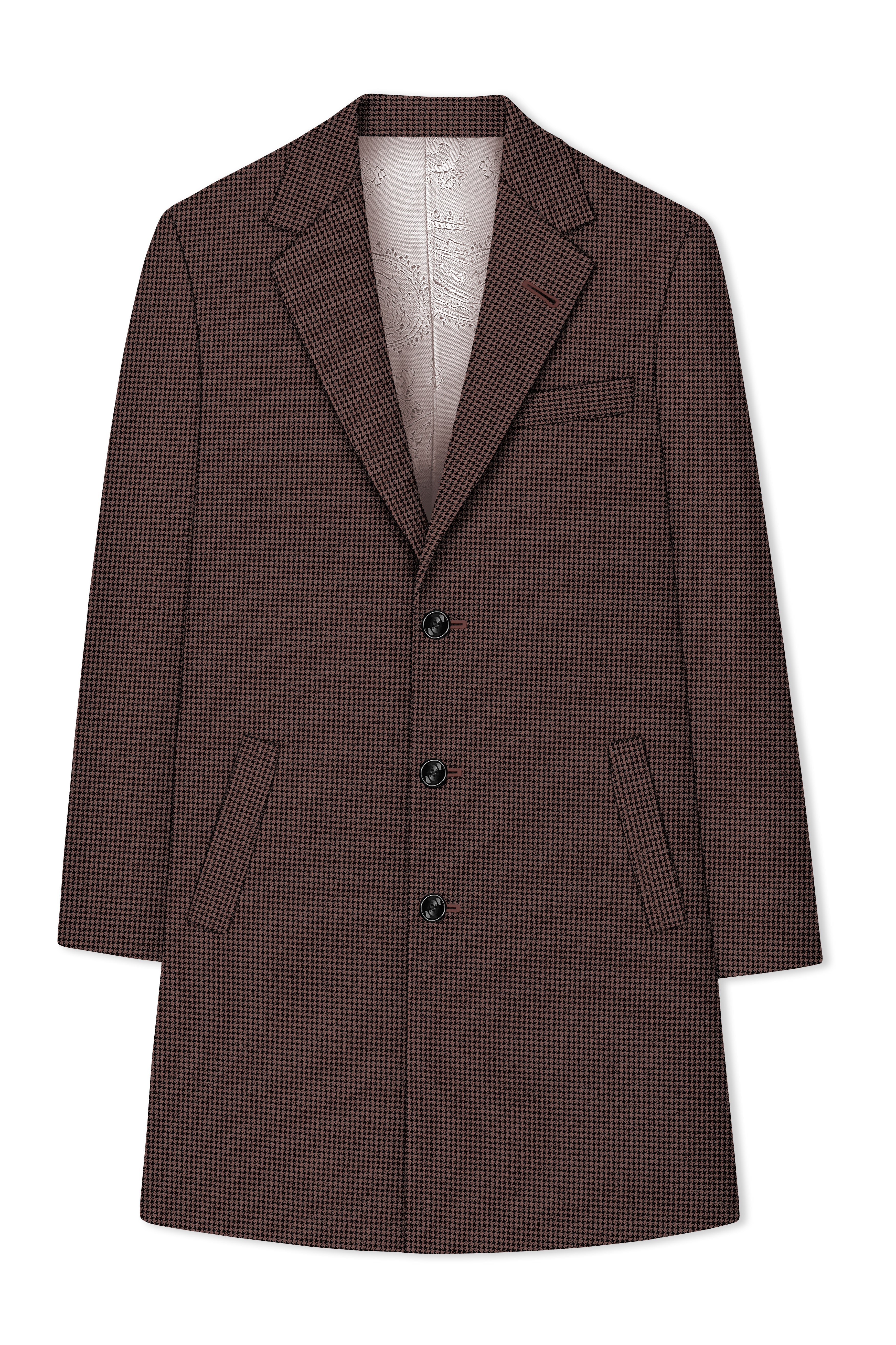 Sylvan-Woody Brown Classic Houndstooth Textured Tweed Single Breasted Overcoat