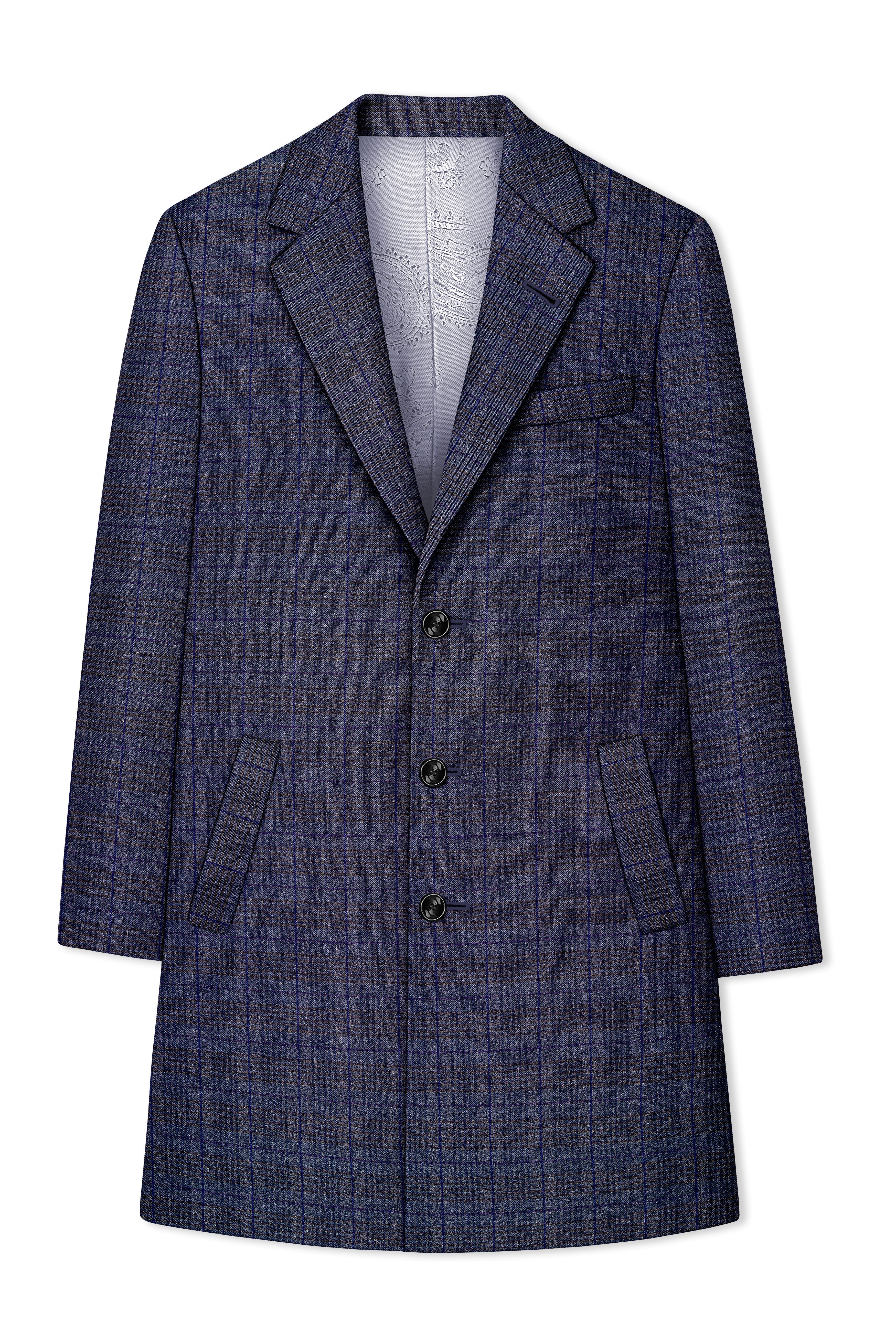 Horizon-Martinique Blue windowpane Tweed Single Breasted Overcoat