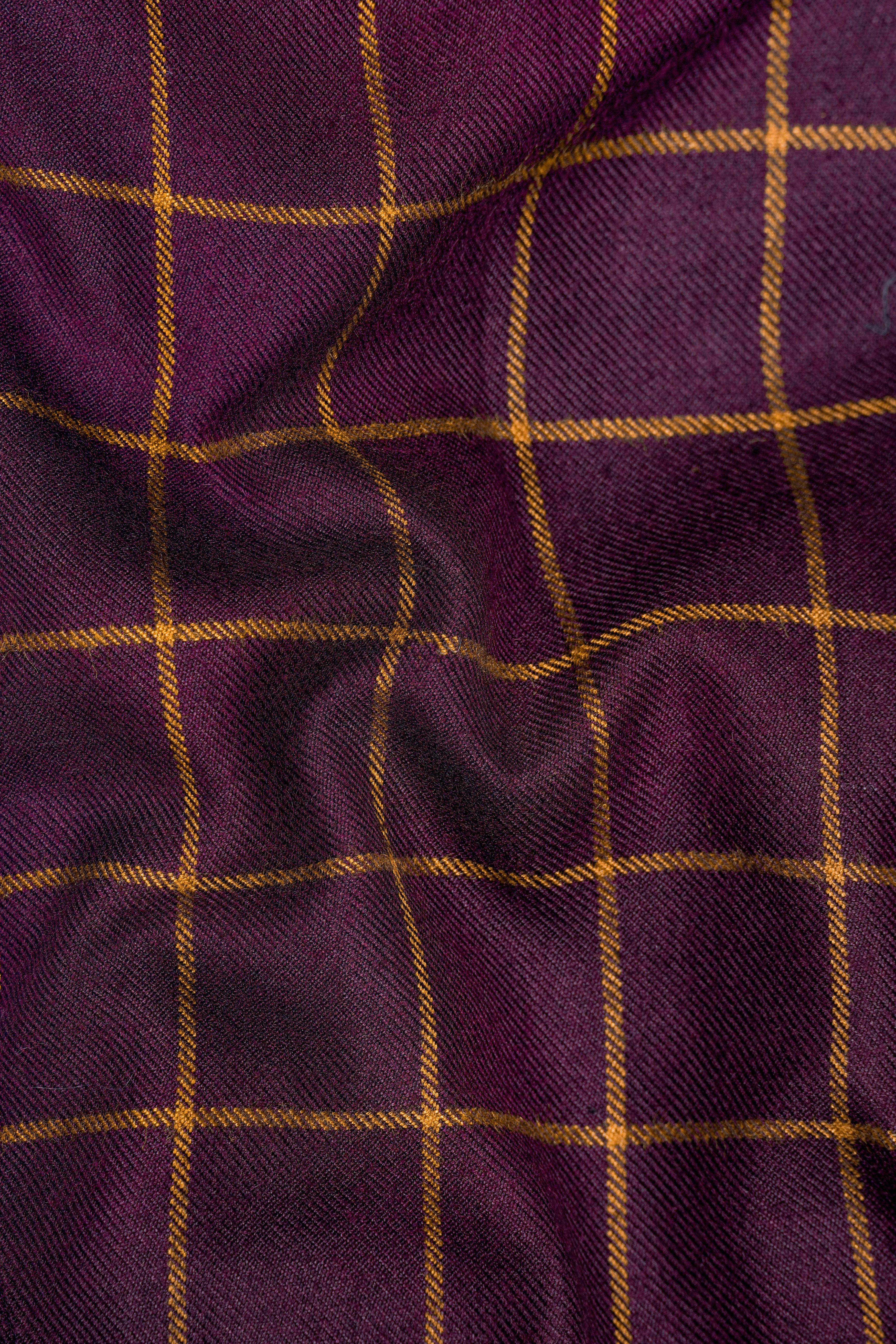 Eggplant Wine Windowpane Double Breasted Wool Rich Designer Trench Coat With Pant