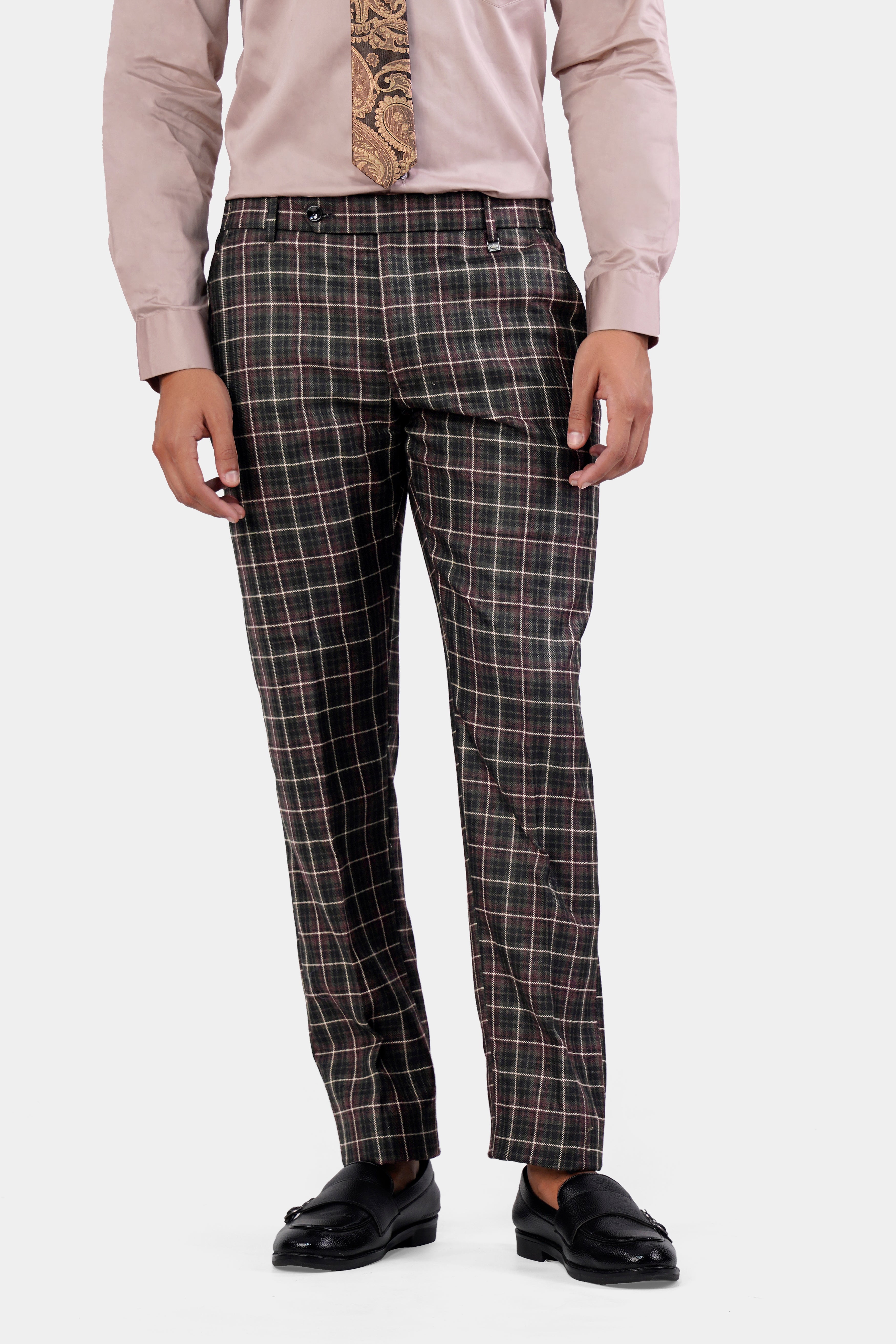 Fuscous Black and Rock Pink Plaid Tweed Double Breasted Trench Coat With Pant