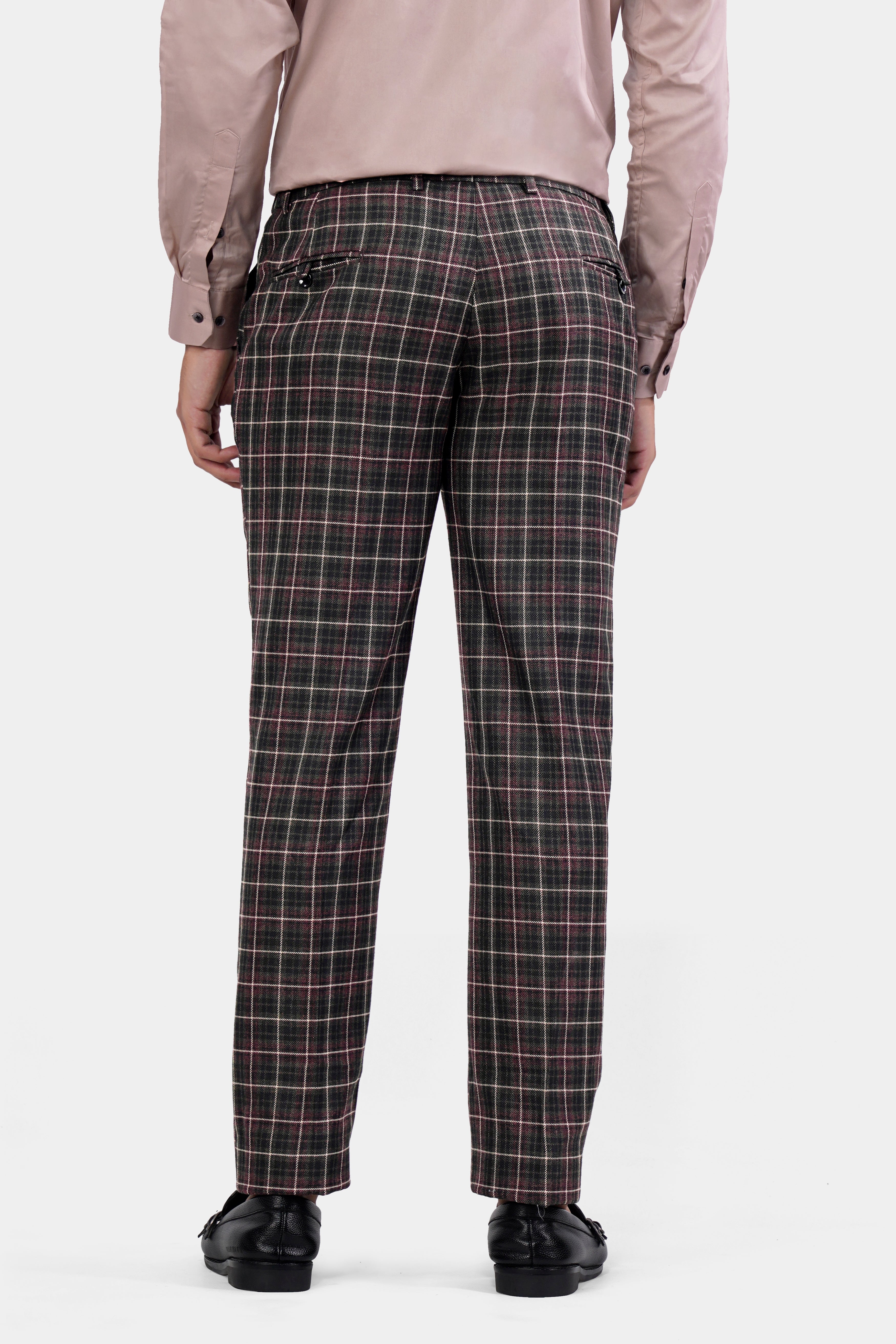 Fuscous Black and Rock Pink Plaid Tweed Double Breasted Trench Coat With Pant