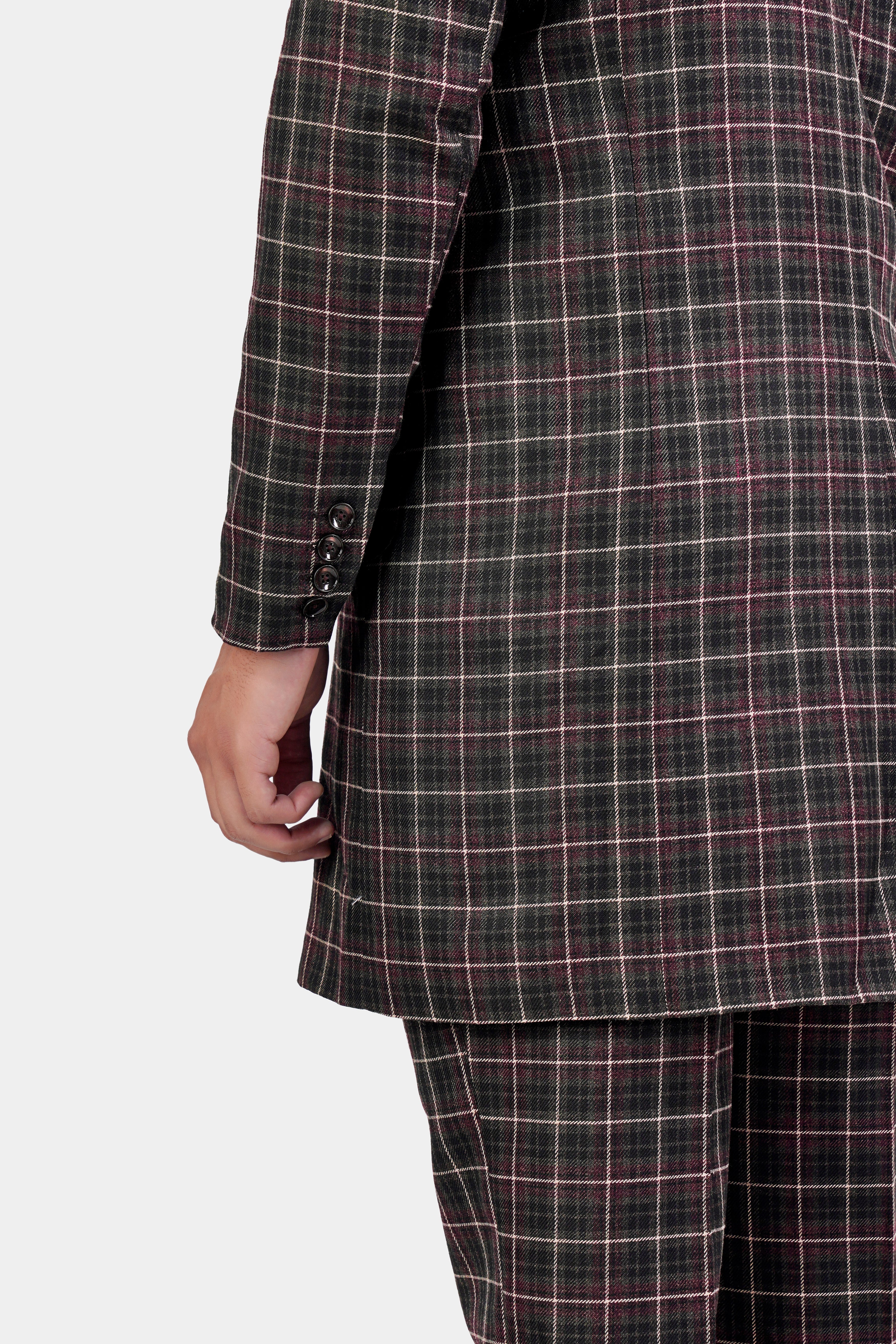 Fuscous Black and Rock Pink Plaid Tweed Double Breasted Trench Coat With Pant