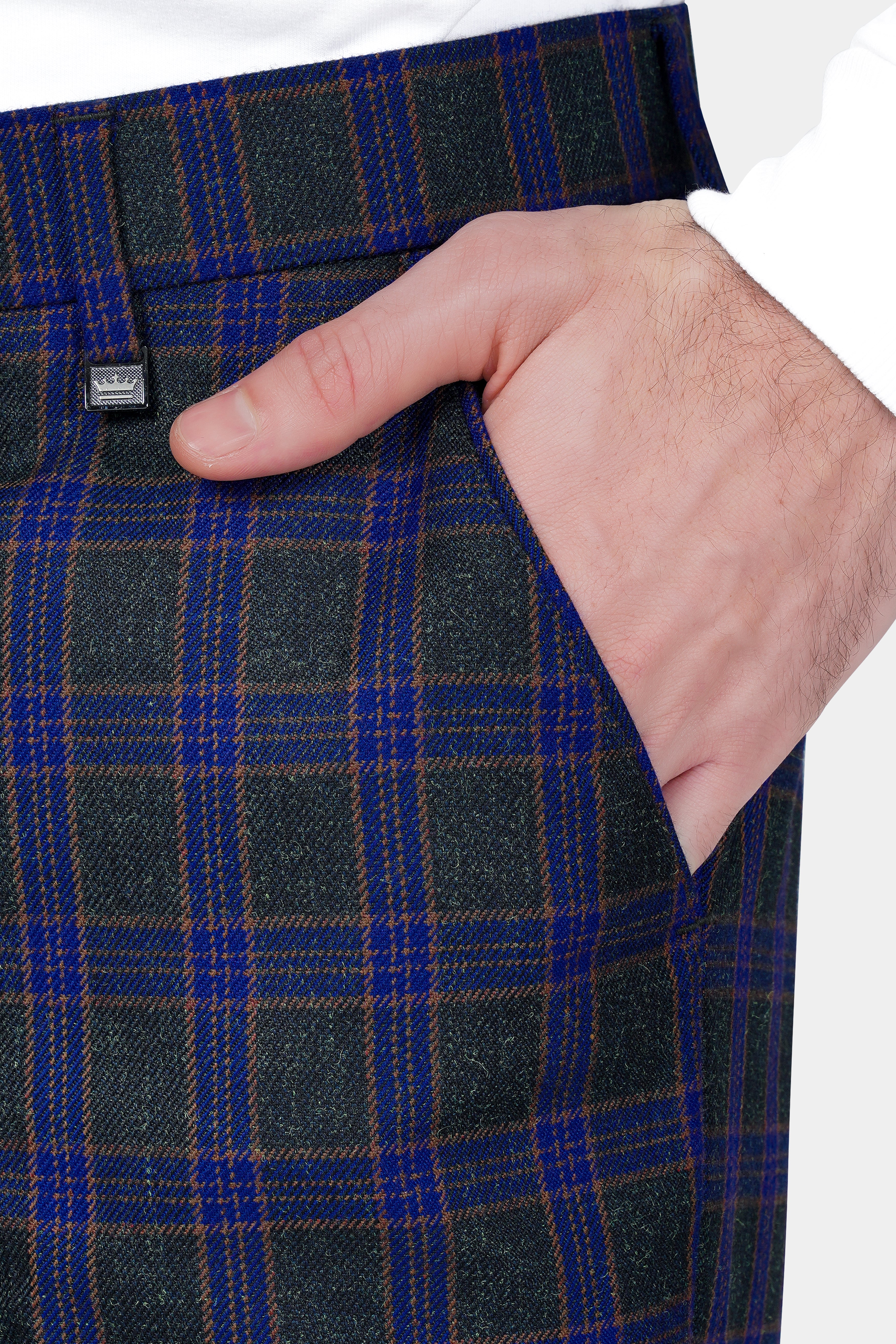 Blue and Piano Black Plaid Tweed Double Breasted Trench Coat With Pant