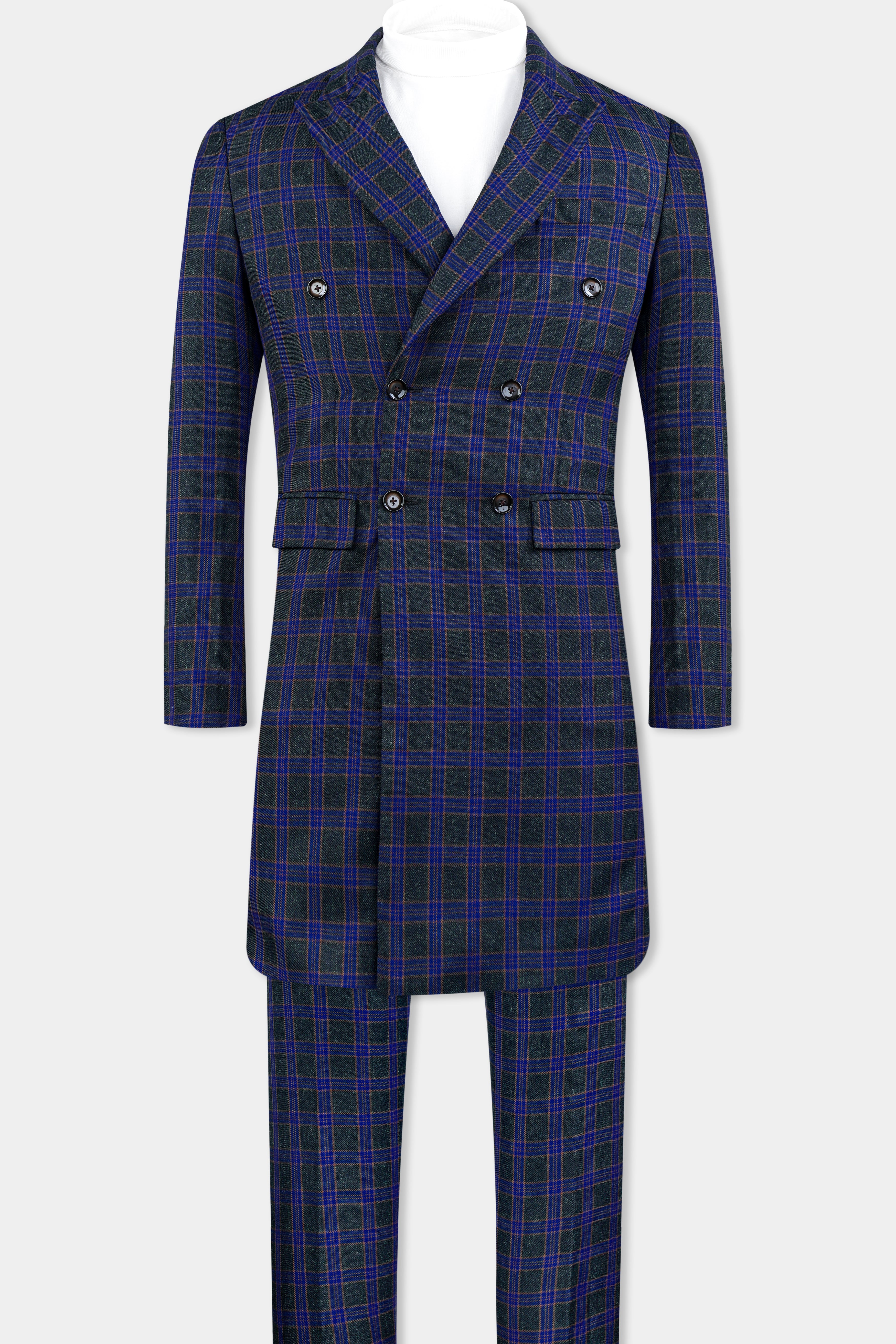 Blue and Piano Black Plaid Tweed Double Breasted Trench Coat With Pant