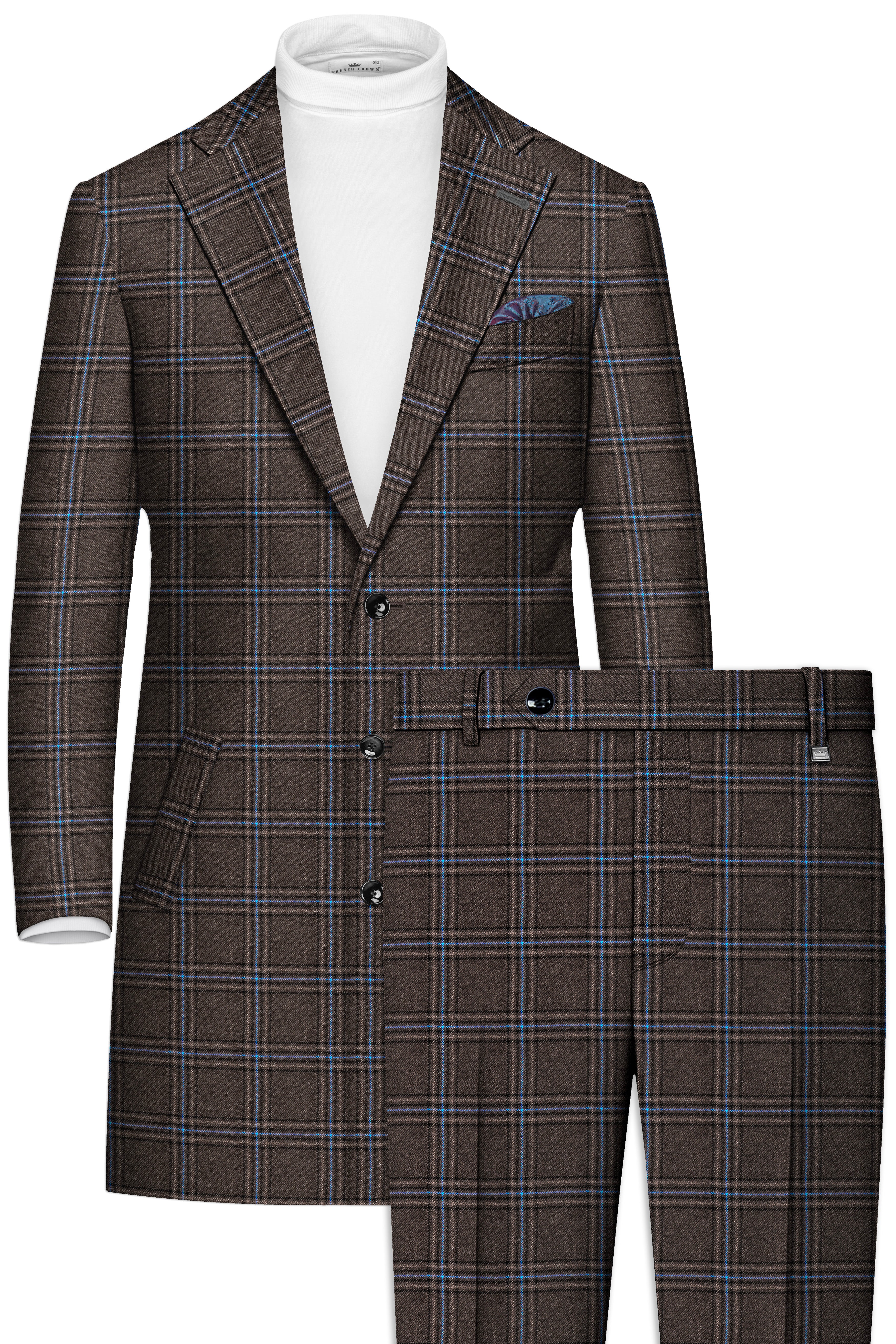 Cafreno-Armadillo Brown Plaid Single Breasted Trench Coat With Pant