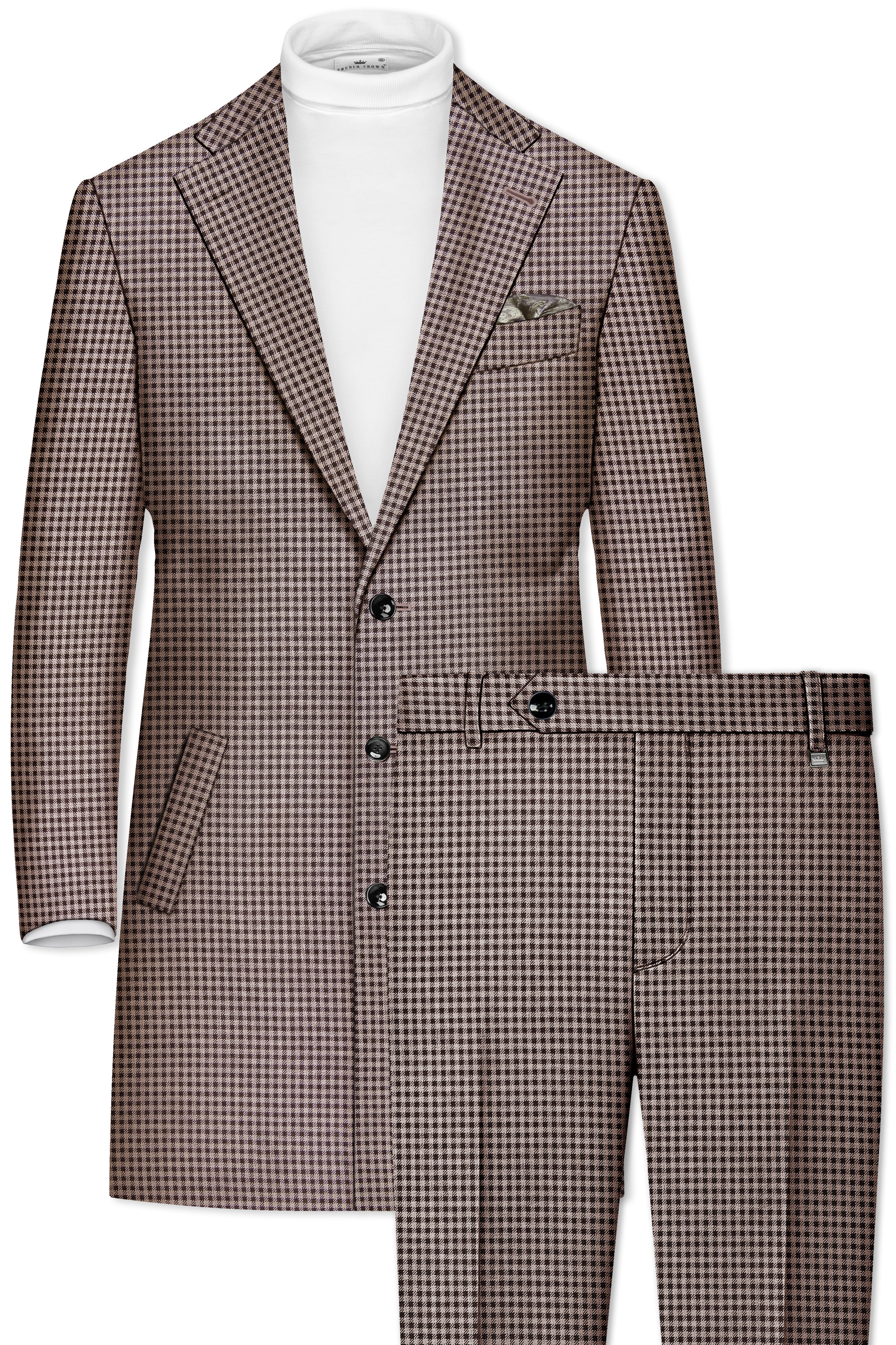 Imperium-Emperor Brown And Swiss Cream Gingham Plaid Tweed Single Breasted Trench Coat With Pant