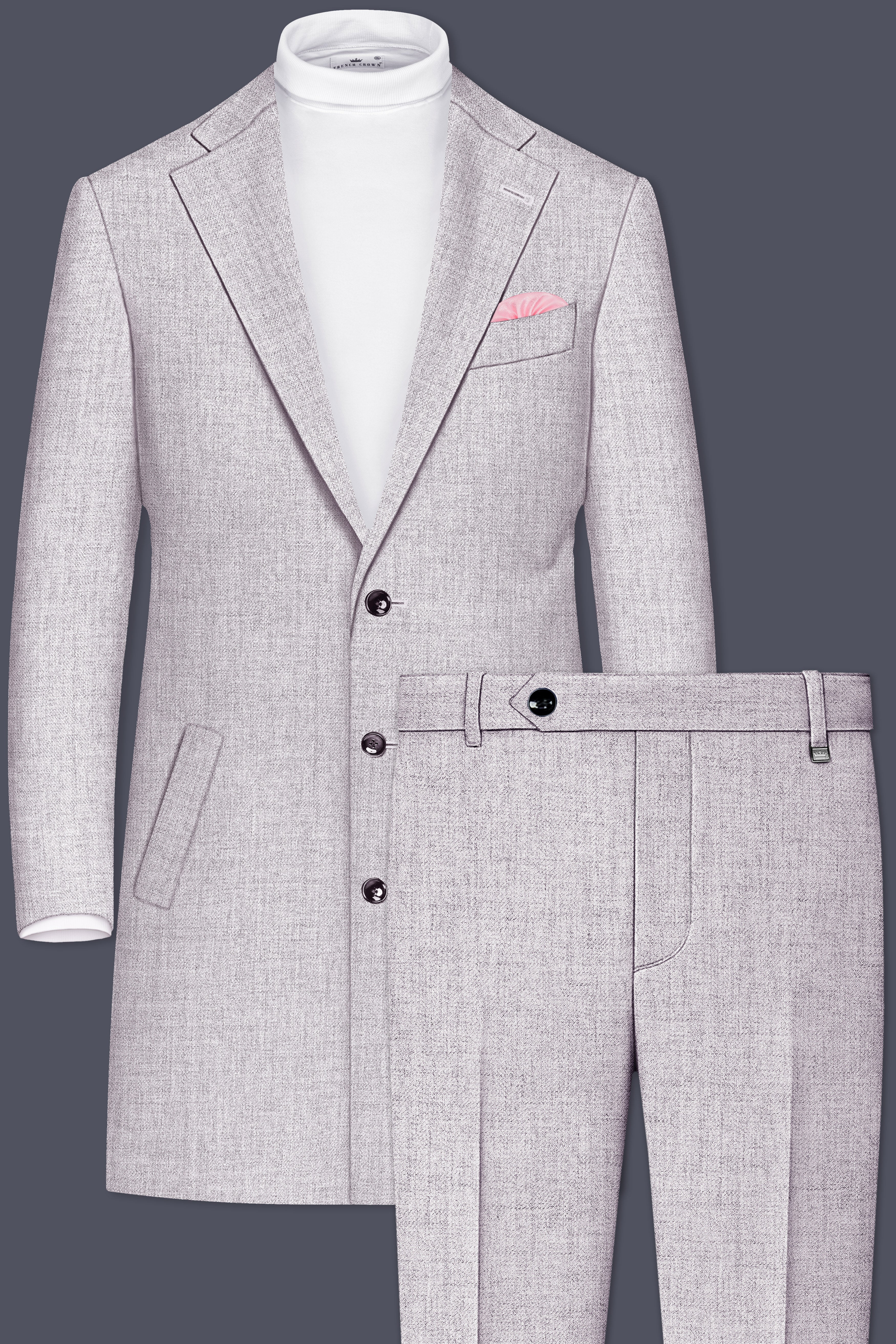 Glacier-Lilac Gray Textured Tweed Single Breasted Trench Coat With Pant