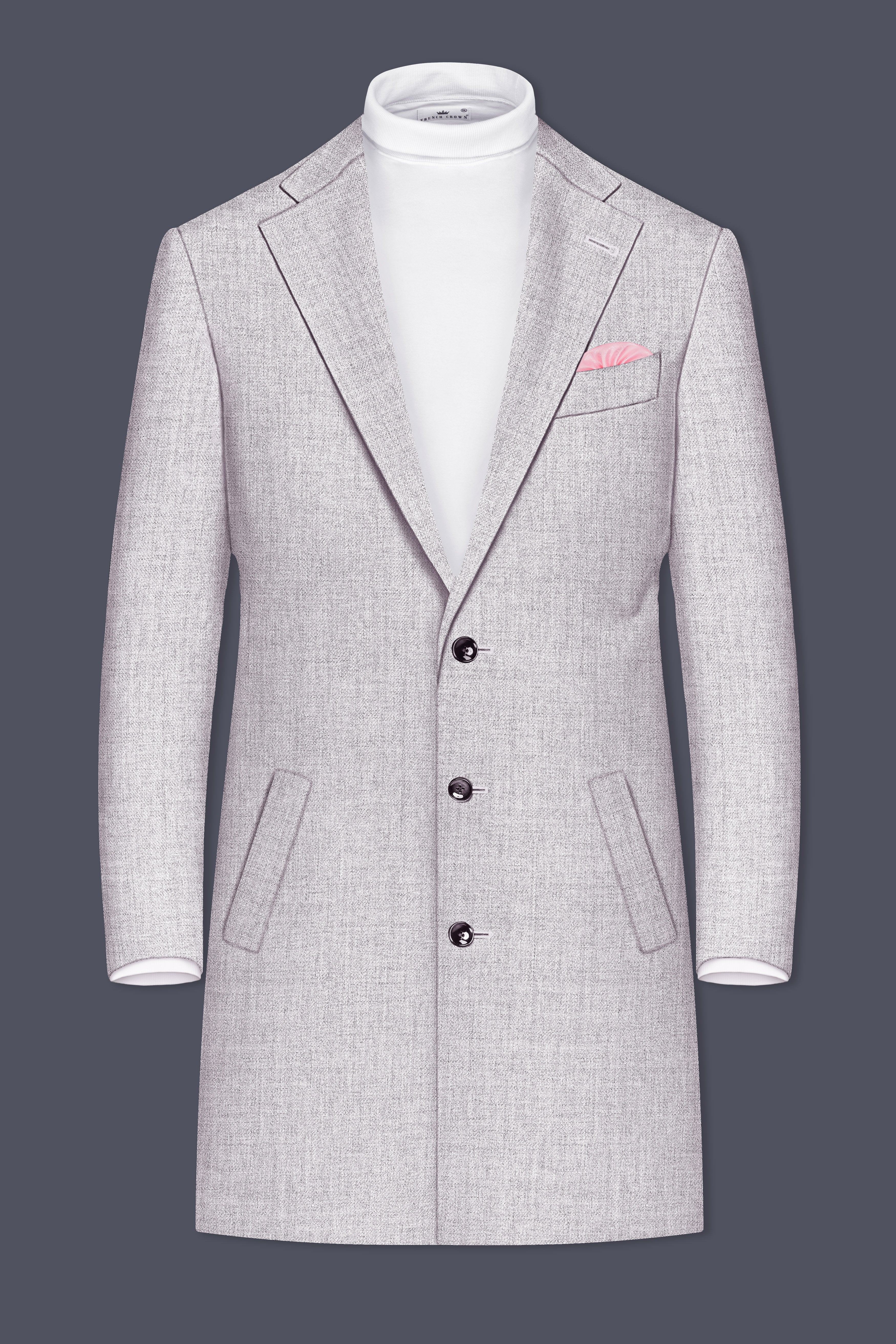 Glacier-Lilac Gray Textured Tweed Single Breasted Trench Coat With Pant