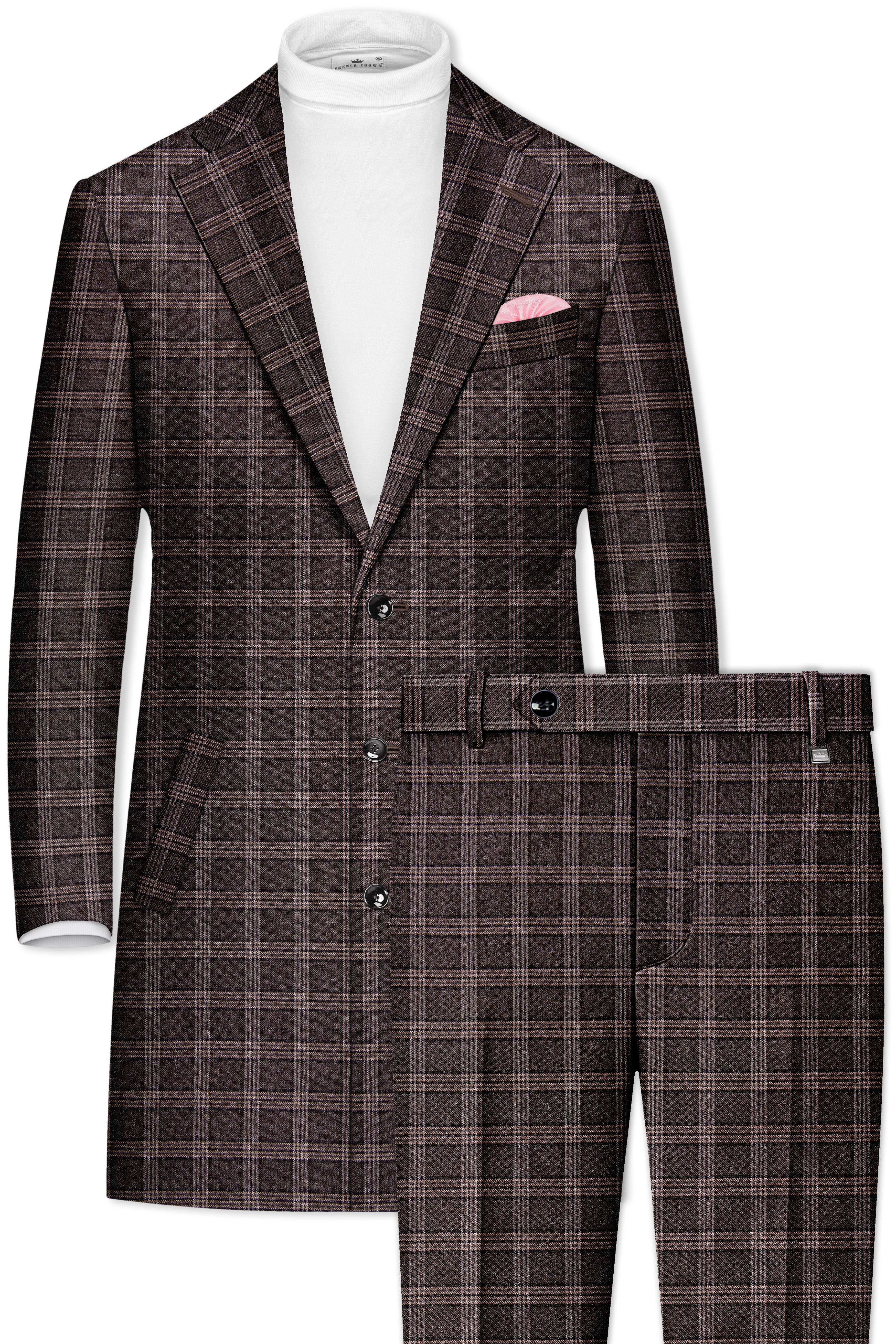 Eclenzo-Eclipse Brown Plaid Tweed Single Breasted Overcoat With Pant