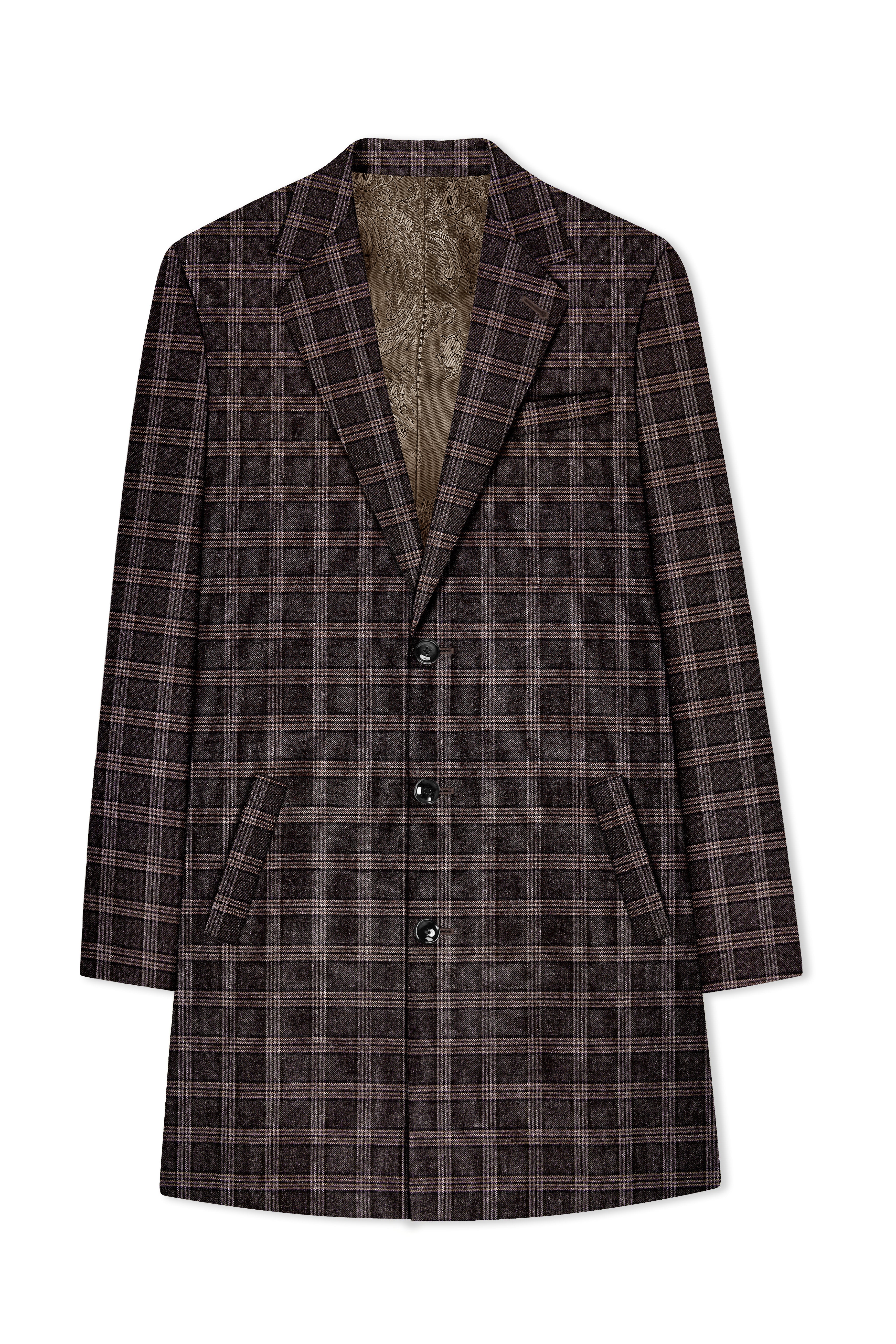 Eclenzo-Eclipse Brown Plaid Tweed Single Breasted Trench Coat With Pant