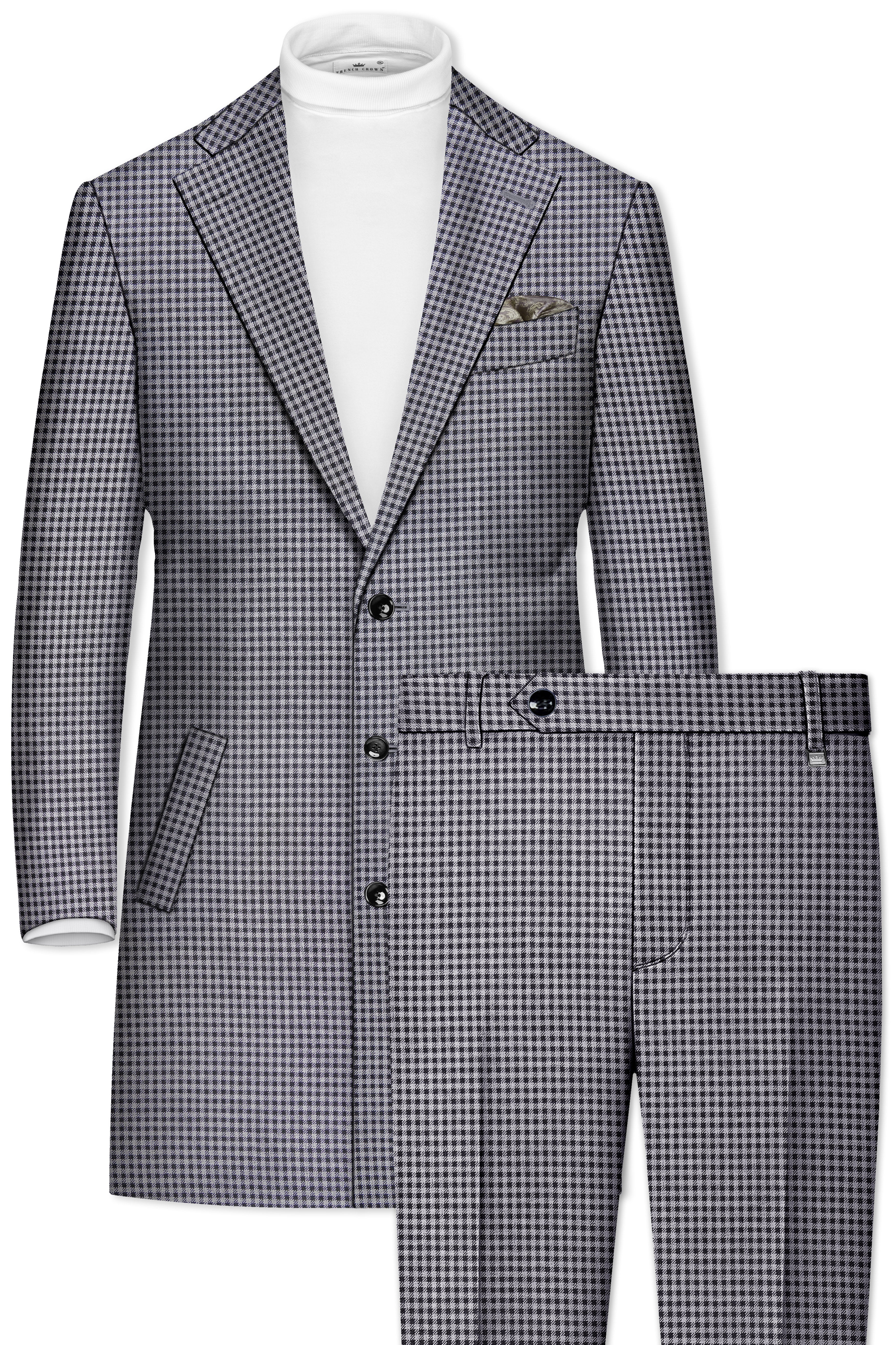 Graphite-Metallic Gray And Tuatara Gingham Plaid Tweed Single Breasted Trench Coat With Pant