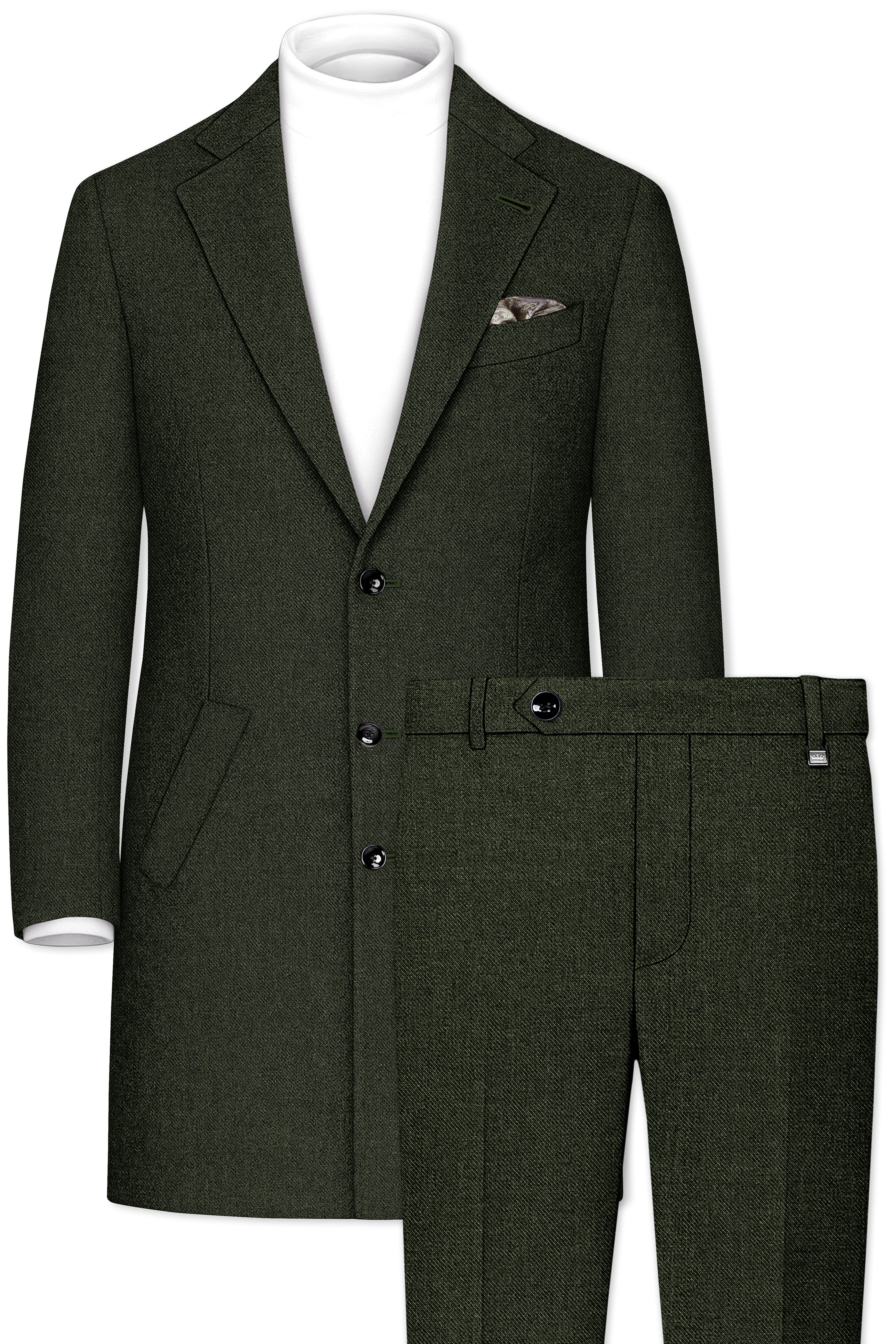 Olvoro-Rifle Green Textured Tweed Single Breasted Overcoat With Pant