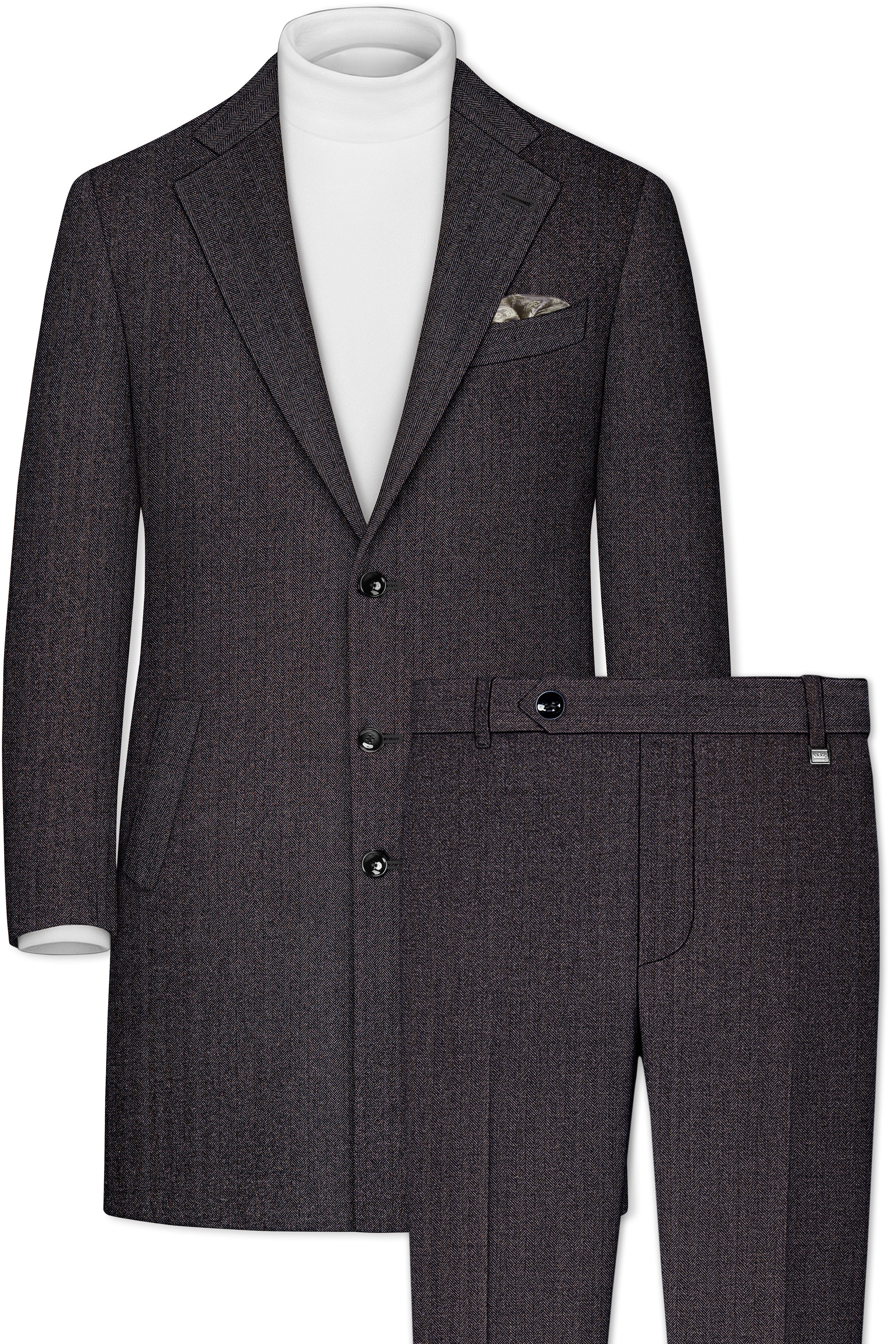 Aurezion-Zeus Brown Herringbone Textured Tweed Single Breasted Overcoat With Pant