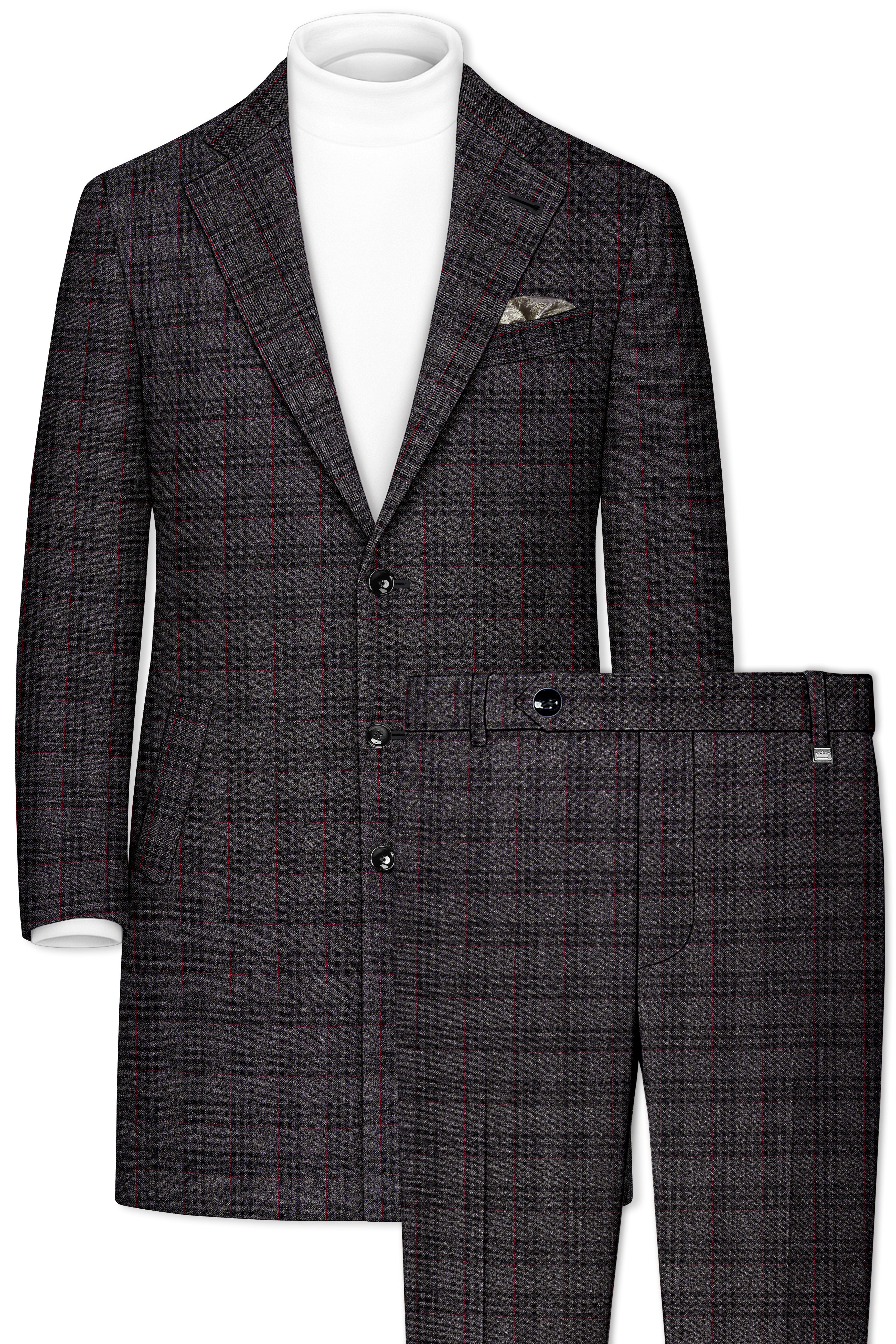 Velours-Ship Gray Plaid Tweed Single Breasted Overcoat With Pant