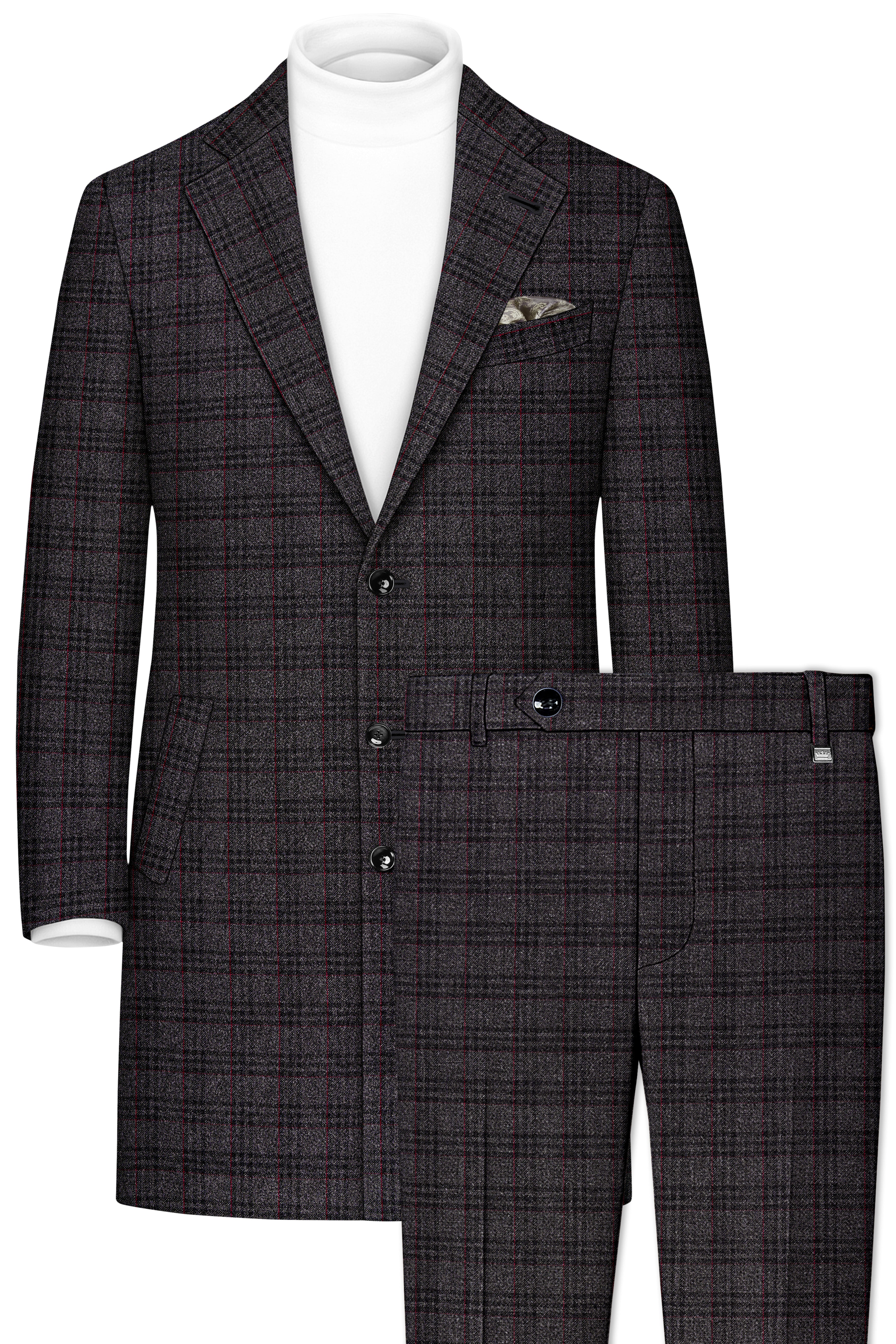 Velours-Ship Gray Plaid Tweed Single Breasted Overcoat With Pant