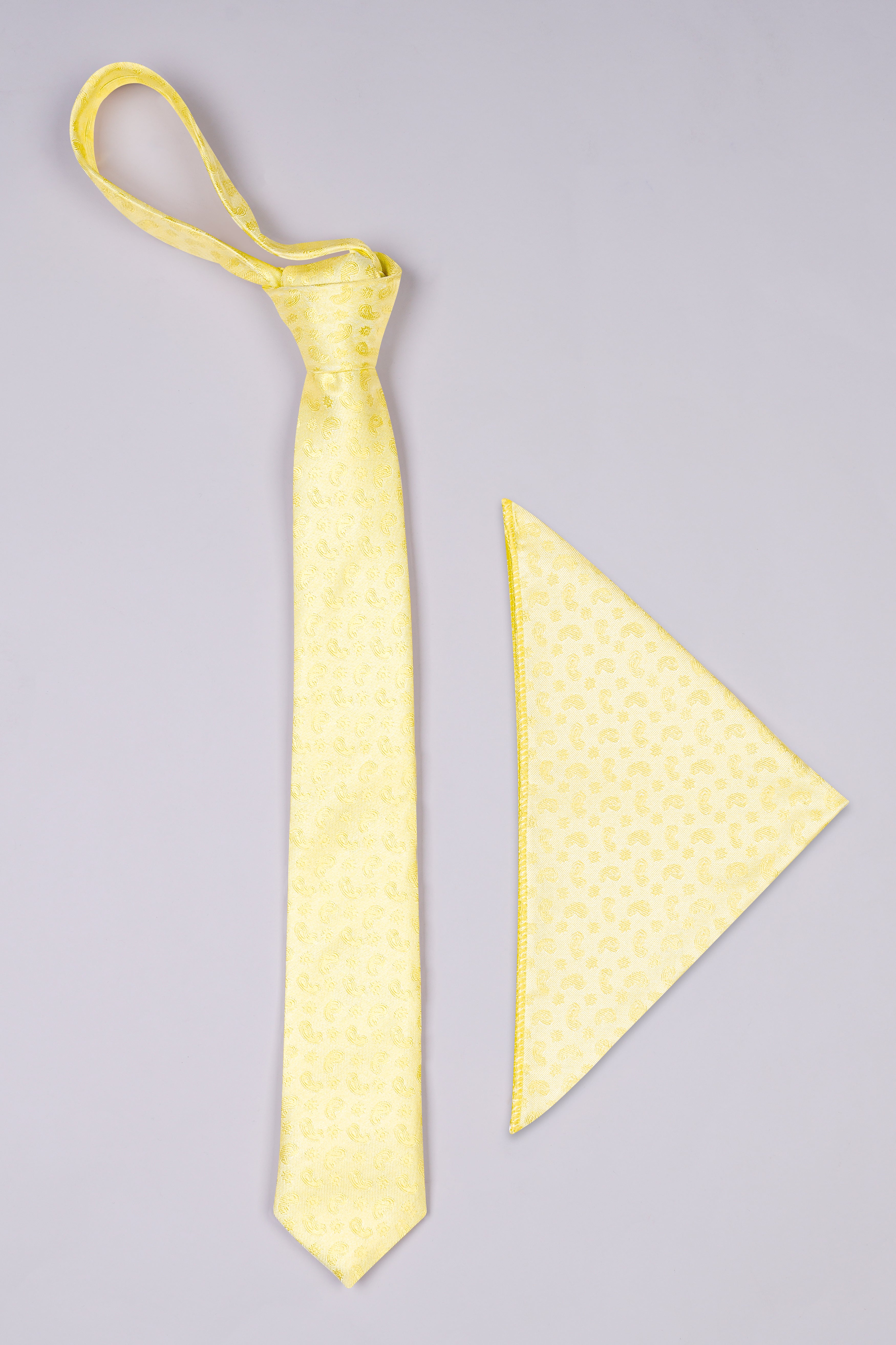 Kournikova Yellow with Pearl Lusta Beige Paisley Jacquard Tie with Pocket Square TP043