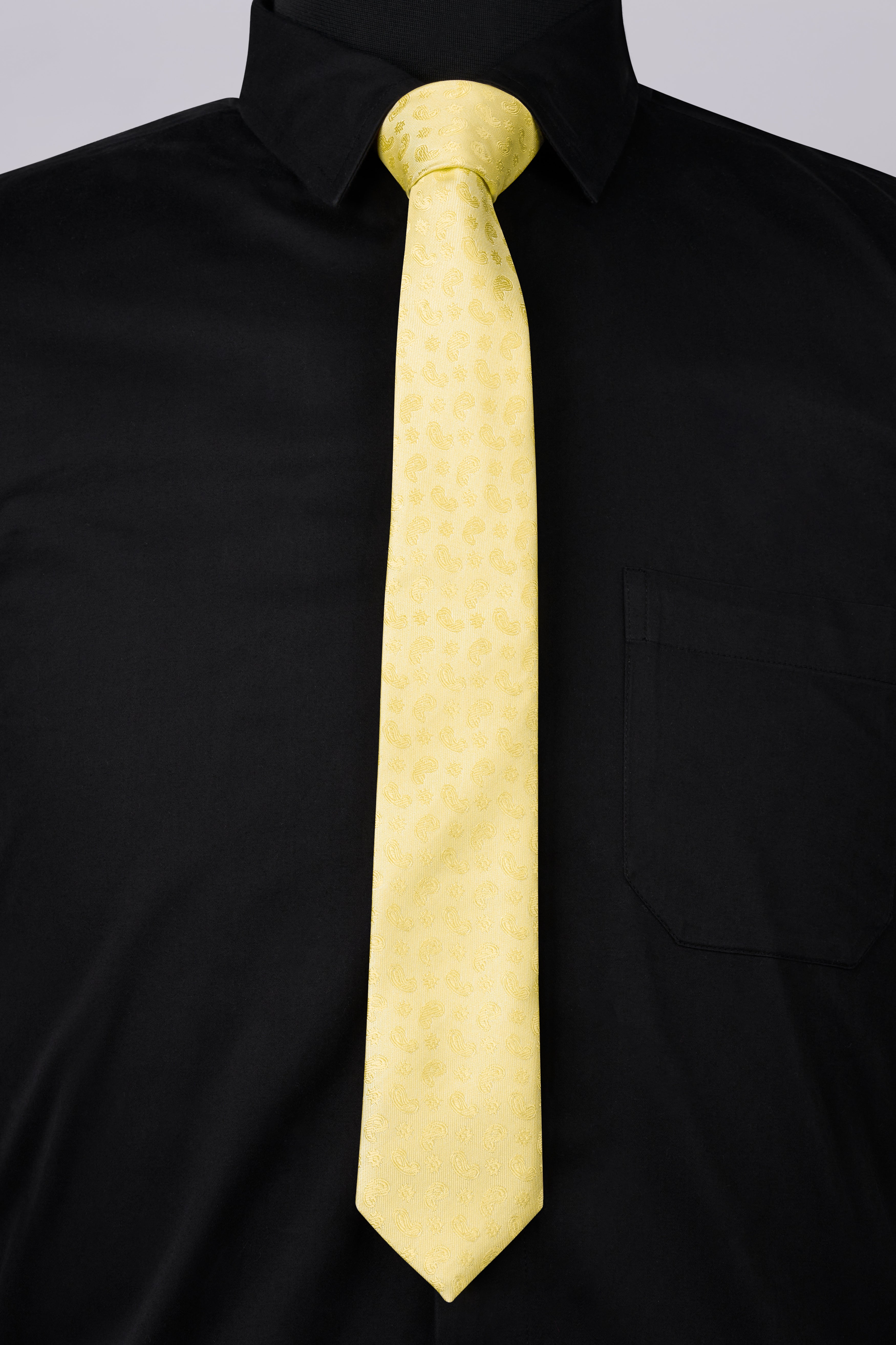 Kournikova Yellow with Pearl Lusta Beige Paisley Jacquard Tie with Pocket Square TP043