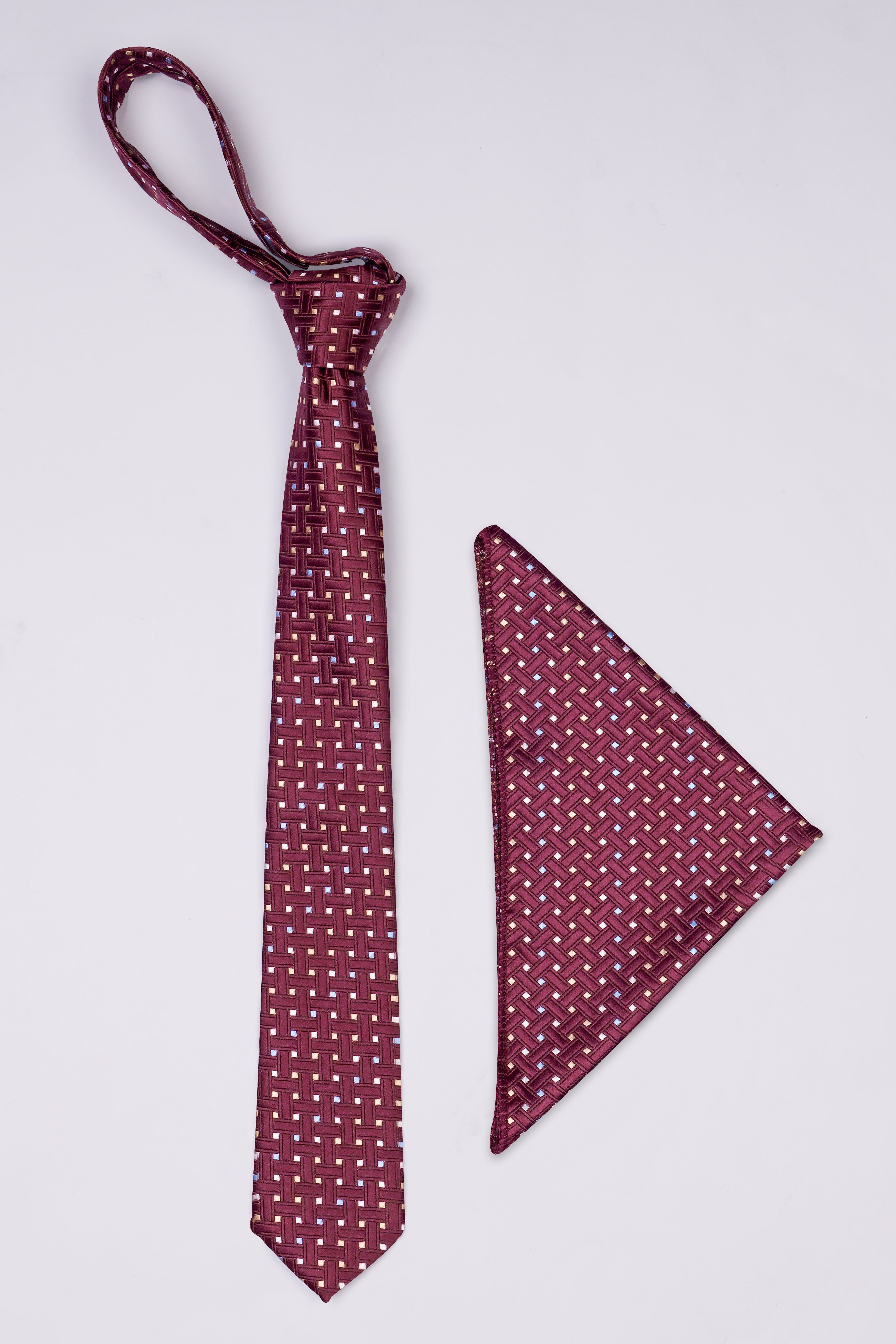 Wine with Iceberg Sky Blue and Albescent Beige Geometric Textured Jacquard Tie with Pocket Square TP053